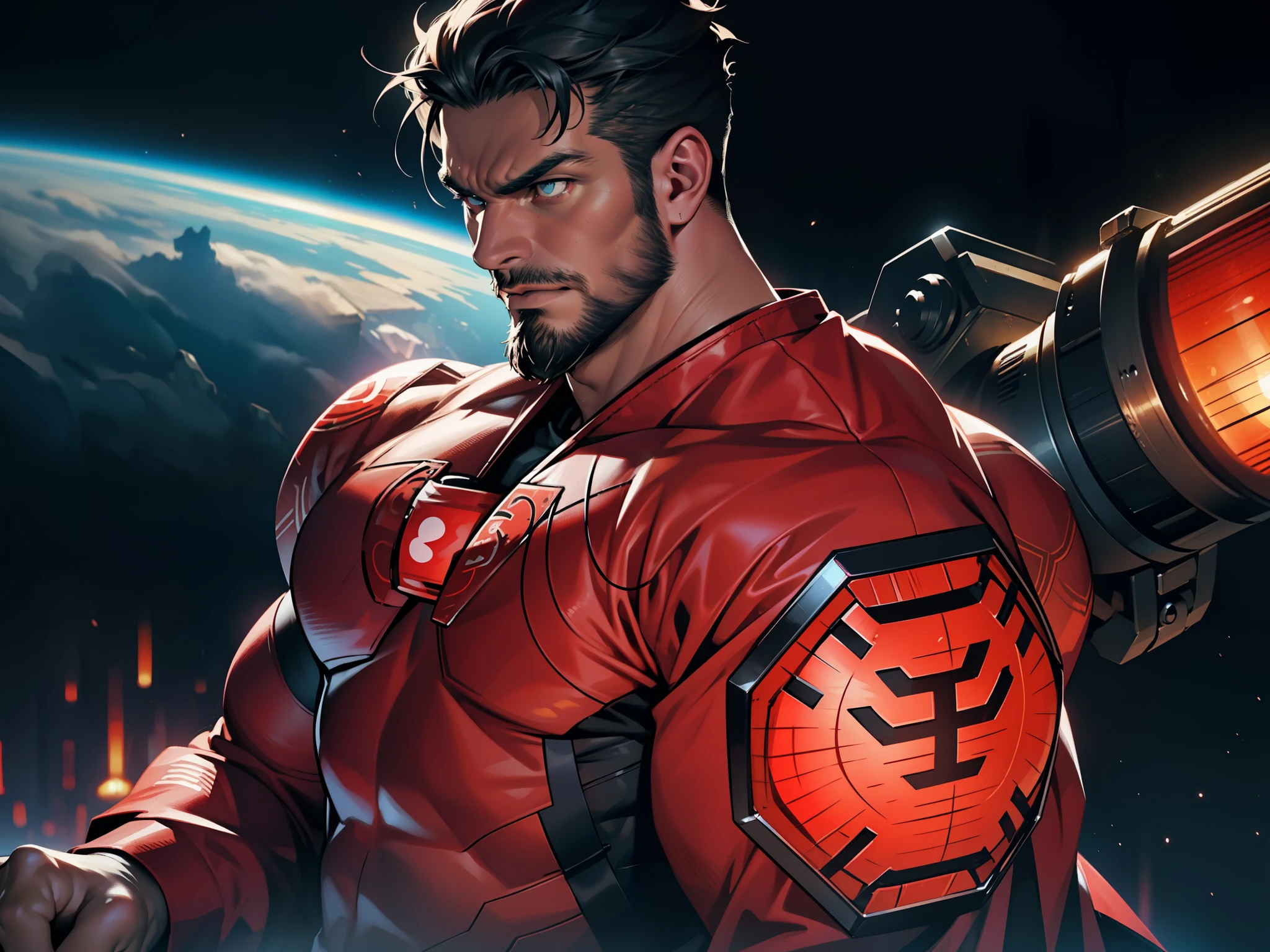 An award-winning original photo, angry roar, A wild muscular man, (30 years old man:1.3), 1boy, Solo, (wearing a (red lantern) metal suit), (red ring on a finger), spikes, neon stripes, black hair, (big shoulder), muscular, hunk, stubbles, Short beard, (Detailed face:1.3), (beautiful eyes:1.2), really angry, Dynamic Angle, volumetric lighting, (Best quality, A high resolution, Photorealistic), Cinematic lighting, Masterpiece, RAW photo, Intricate details, hdr, depth of field, upper body shot, in space background