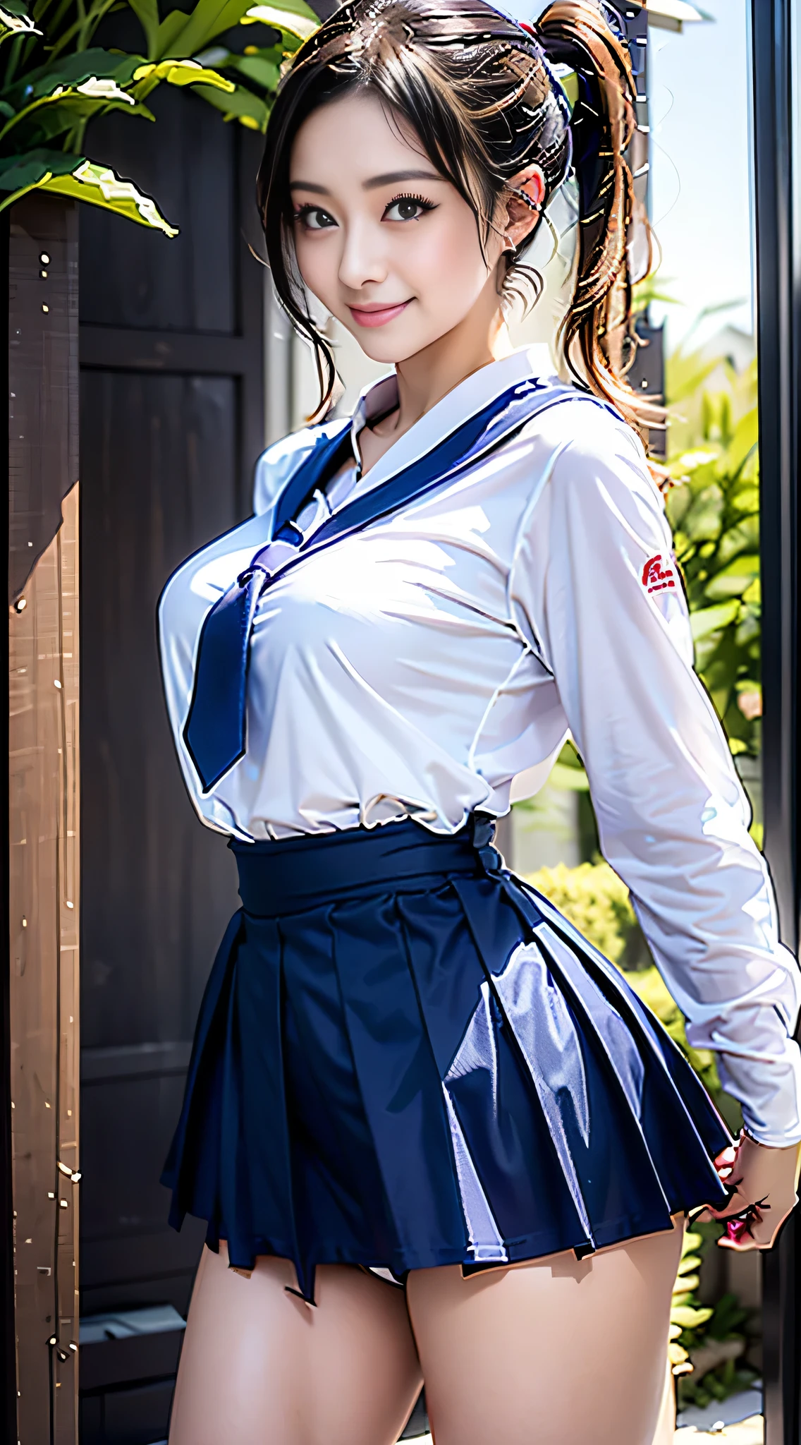 (8K、RAW Photos、top-quality、​masterpiece:1.2)、(realisitic、Photorealsitic:1.37)、女の子1人、((White shirt with long sleeves、a sailor suit、red necktie、Navy blue pleated skirt))、（High School Girl）、17 age、Skirt Rolling Up、gals、Lots of lashes、Lame on the eyelids、Dark Red Knee-High Socks、crotch open、wavy twintails、Cute smile、Sweaty body、attractive body beautiful perfect body、V-line emphasis、Hands behind the head、、