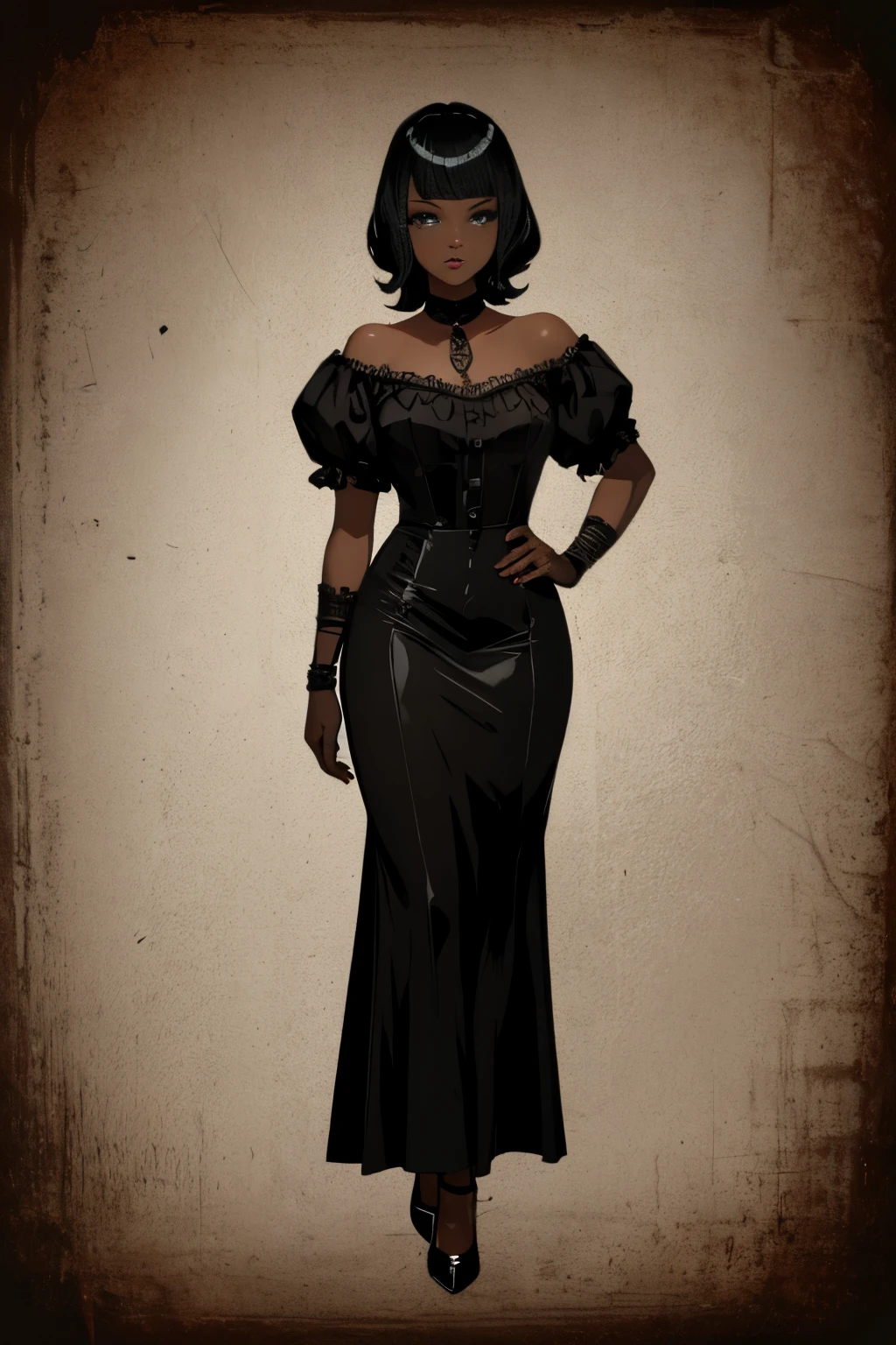 A girl, 1girl, dark skin, full body, vintage horror, 1940s, shapes, gothic, vintage, sexy, anime style, (clear background:1.0)