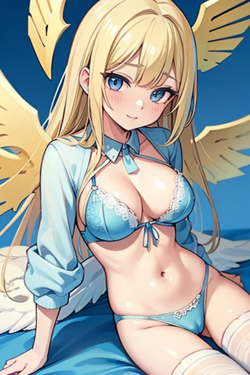 ((Best Quality)), ((Masterpiece)), (detailed), perfect faces, blonde hair, blue eyes, large breast, sexy, sky blue bra, sky blue lingerie, sky blue underwear, cum in pussy, breast milk, angel wings