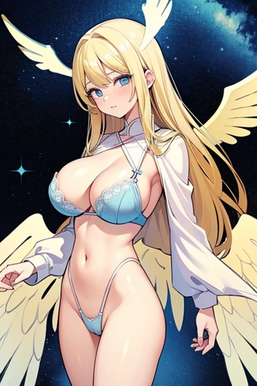 ((Best Quality)), ((Masterpiece)), (detailed), perfect faces, blonde hair, blue eyes, large breast, sexy, sky blue bra, sky blue lingerie, sky blue underwear, cum in pussy, breast milk, angel wings