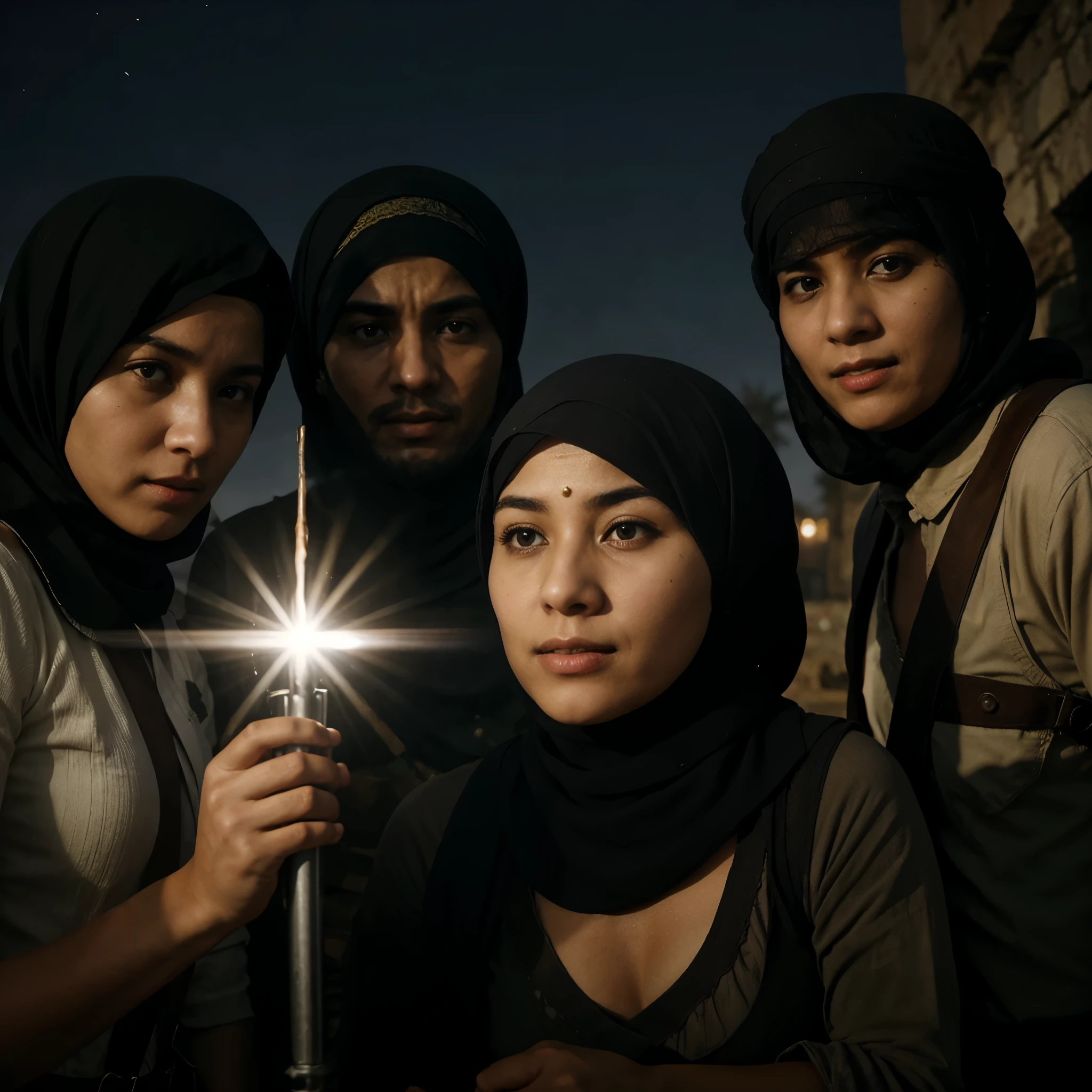 A war scene, everyone is fighting in darkness. In the middle of the battle, a Muslim woman is holding a Quran and shining light on the scene.