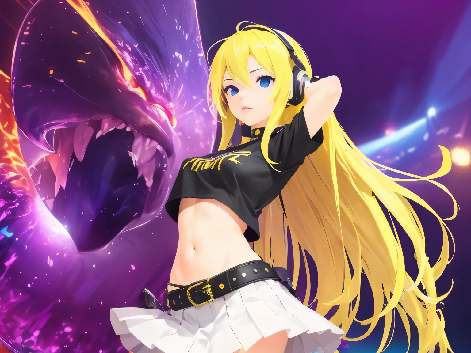 masterpiece, top quality 16k raw photo of Vocaloid3 Lily posing with guitar, blond hair blue eyes. navel look white skirt. black T-shirt. hand behind her head.