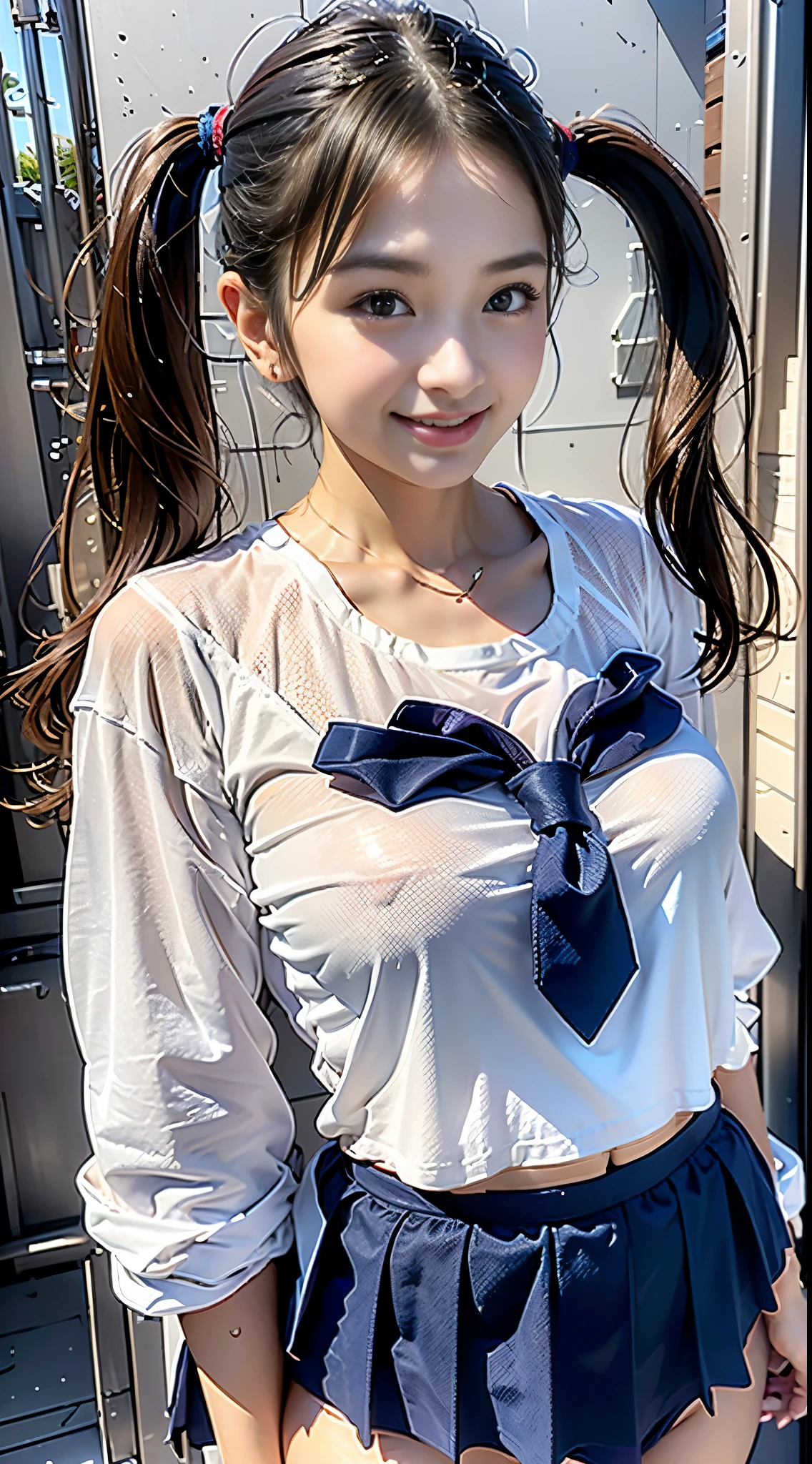 (8K、RAW Photos、top-quality、masterpiece:1.2)、(realisitic、Photorealsitic:1.2)、1人、((White shirt with long sleeves、a sailor suit、red necktie、Knee-length navy pleated skirt))、(High School Girl)、28 year old、Skirt Rolling Up、gals、Lots of lashes、Lame on the eyelids、Dark Red Knee-High Socks、Skeletally correct、crotch open、wavy twintails、Cute smile、Sweaty body、attractive body beautiful perfect body、V-line emphasis、Hands behind the head、Beautifully aligned fingertips、