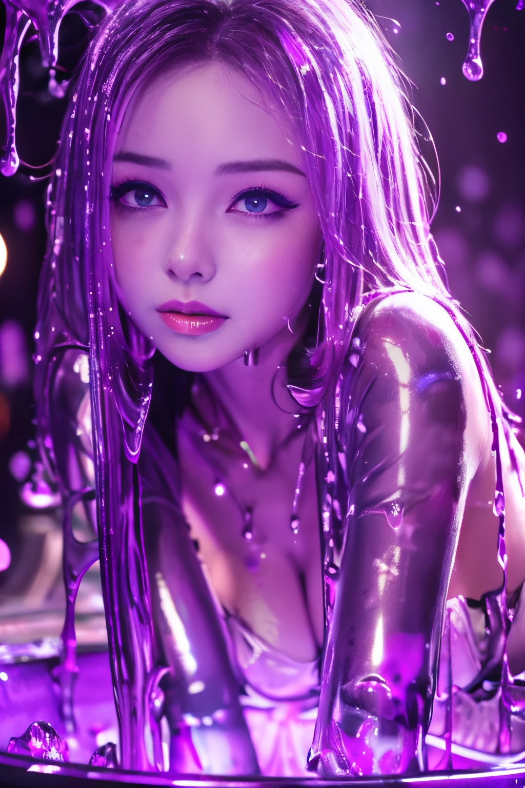 (highres,masterpiece:1.2),ultra-detailed,(realistic:1.37),portrait,slime girl,covered in violet slime, (partially transparent), (wet with water), (violet sweat), slimy purple fluid dripping from her body. Her hair is also covered in violet slime. Violet slime splattering, violet hair, violet eyes