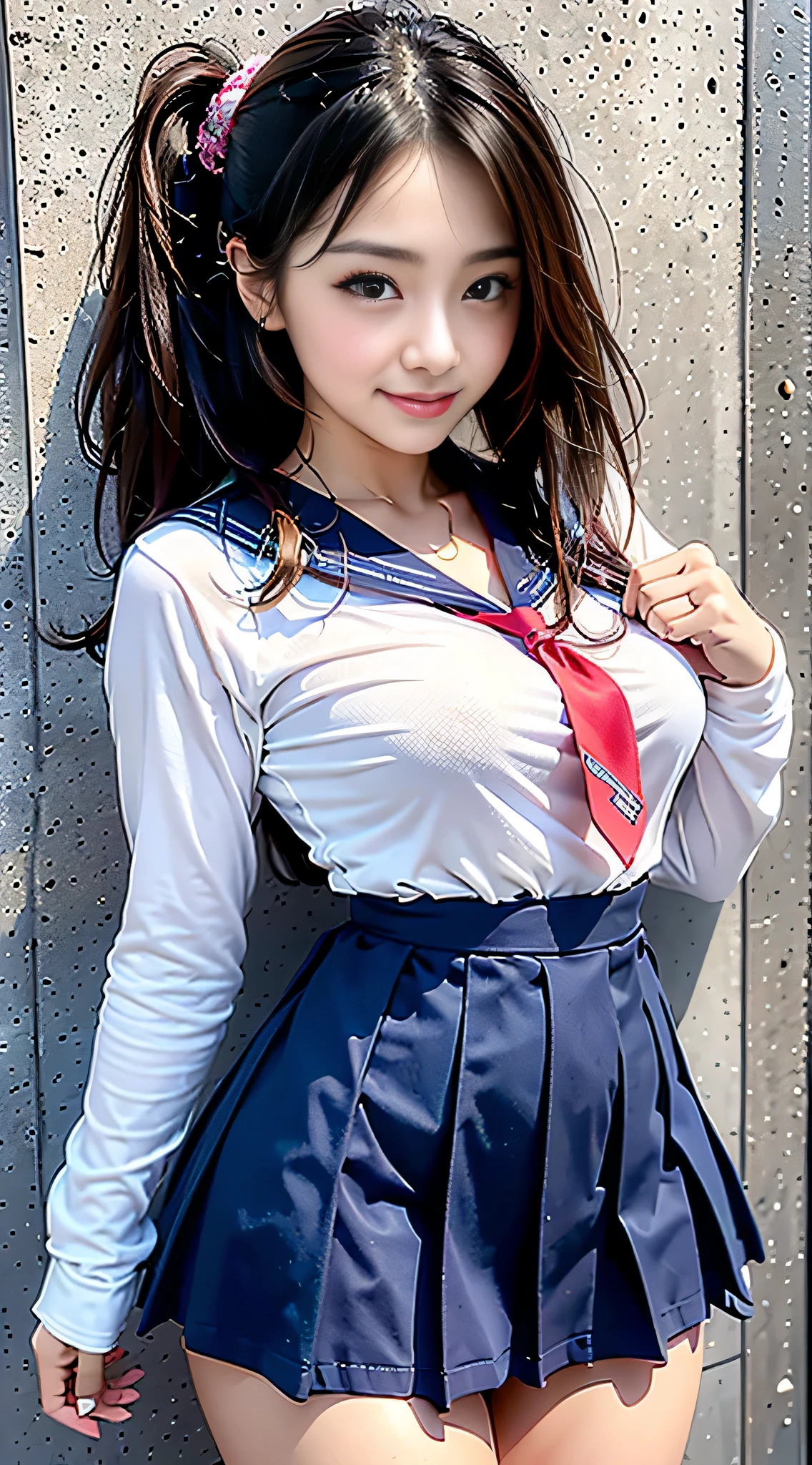 (8K、RAW Photos、top-quality、​masterpiece:1.2)、(realisitic、Photorealsitic)、***1人、((White shirt with long sleeves、a sailor suit、red necktie、Below-the-knee length navy pleated skirt))、（High School Girl）、28 year old、Skirt Rolling Up、gals、Lots of lashes、Lame on the eyelids、Dark Red Knee-High Socks、Skeletally correct、crotch open、wavy twintails、Cute smile、Sweaty body、attractive body beautiful perfect body、V-line emphasis、Hands behind the head、Beautifully aligned fingertips、