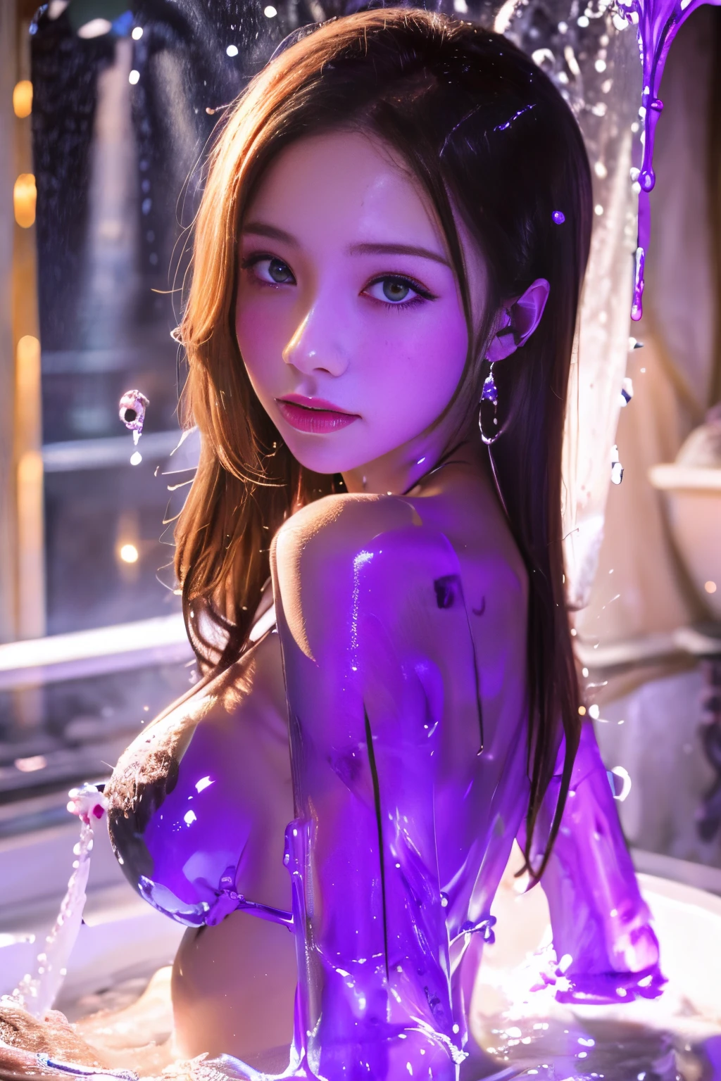 (highres,masterpiece:1.2),ultra-detailed,(realistic:1.37),portrait,slime girl,covered in violet slime, (partially transparent), (wet with water), (violet sweat), slimy purple fluid dripping from her body. Her hair is also covered in violet slime. Violet slime splattering, violet hair, violet eyes