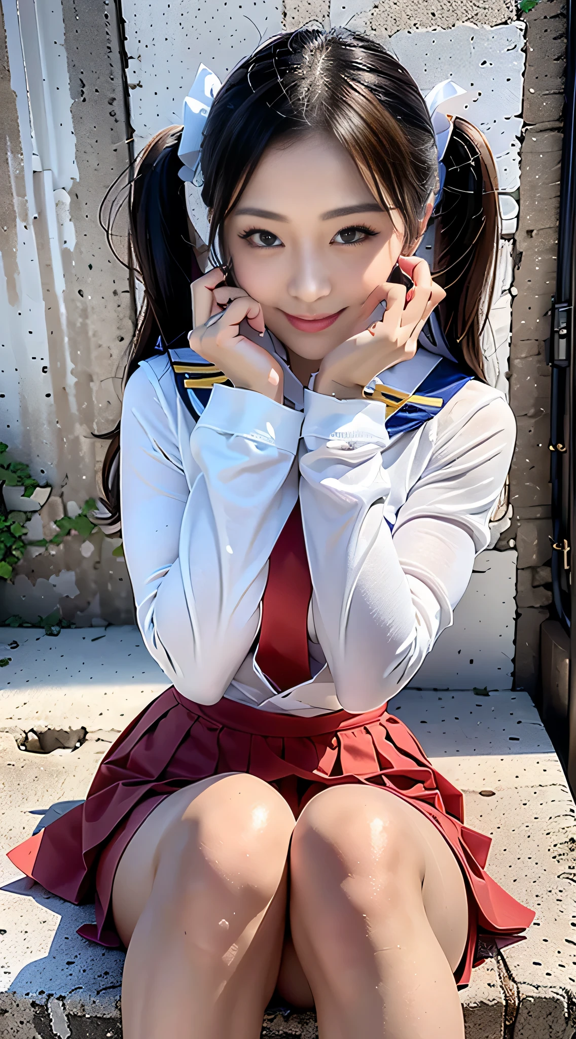 (8K、RAW Photos、top-quality、​masterpiece:1.2)、(realisitic、Photorealsitic)、***1人、((White shirt with long sleeves、a sailor suit、red necktie、Below-the-knee length navy pleated skirt))、（High School Girl）、28 year old、Skirt Rolling Up、gals、Lots of lashes、Lame on the eyelids、Dark Red Knee-High Socks、Skeletally correct、crotch open、wavy twintails、Cute smile、Sweaty body、attractive body beautiful perfect body、V-line emphasis、Hands behind the head、Beautifully aligned fingertips、