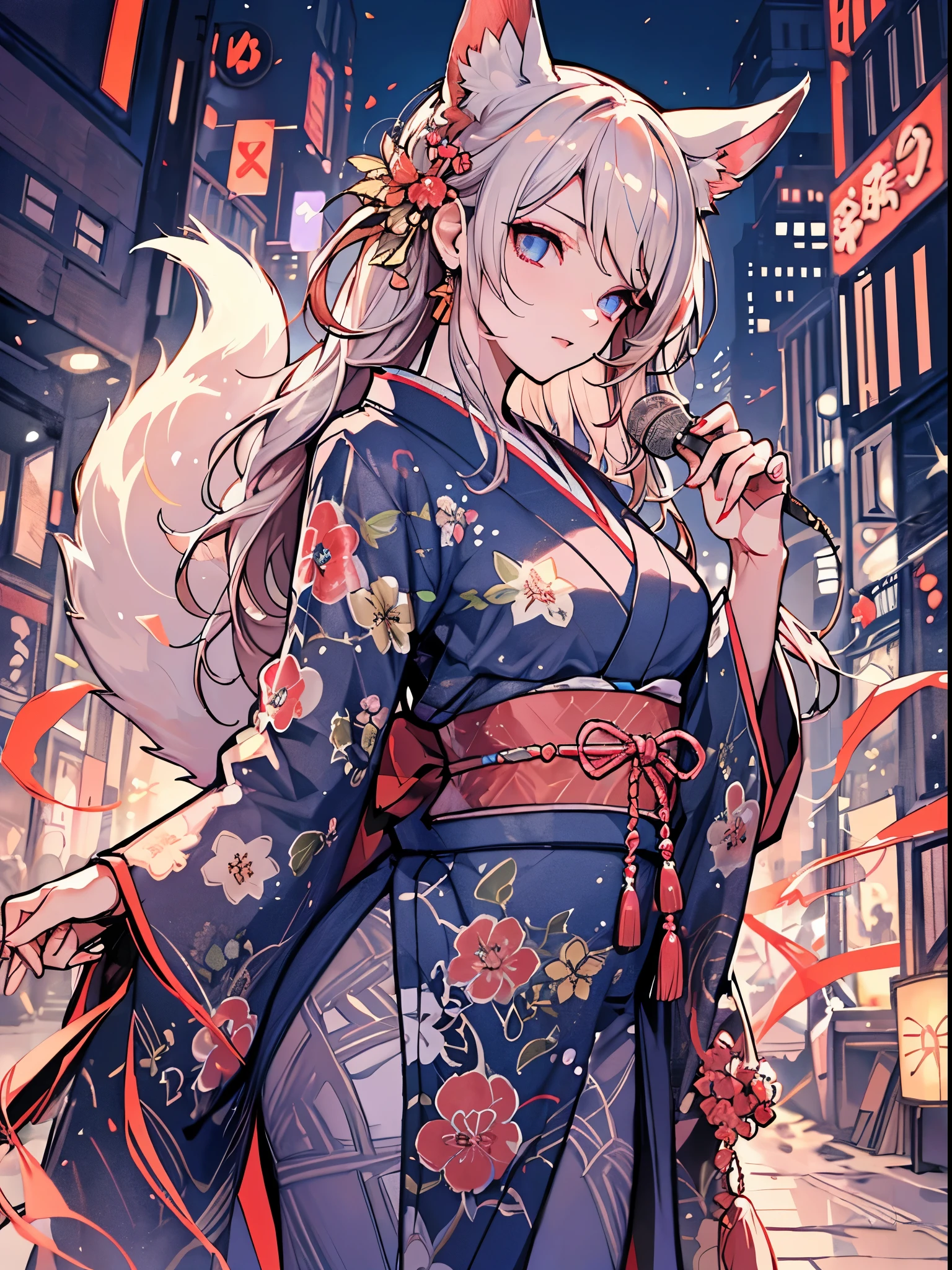 best qualtiy， 超A high resolution， （realisticlying：1.4）， white fox, the Nine-Tailed Fox, Beautiful fece, Woman in Kimono, red, golden colored, black, Sparkle,