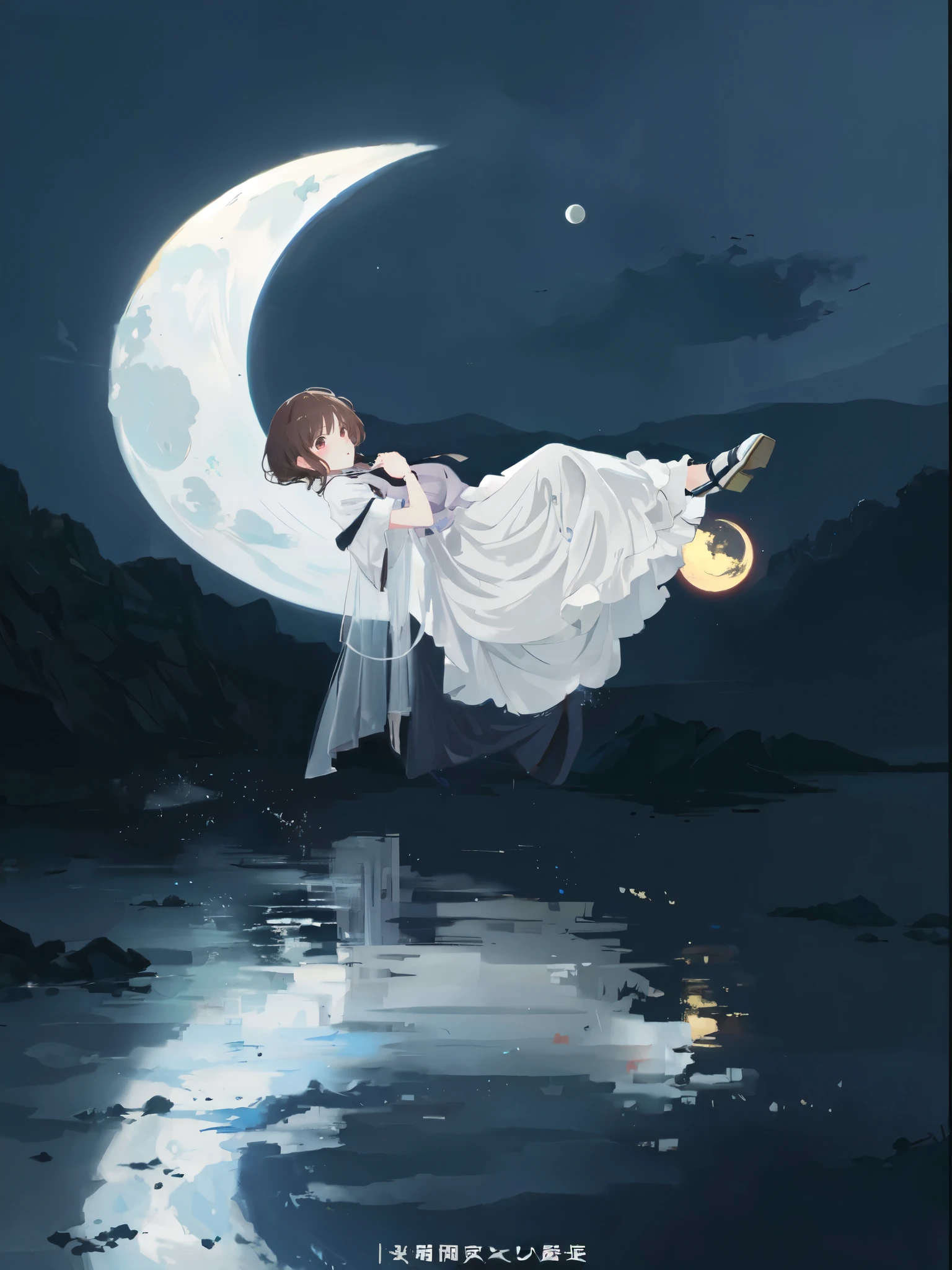anime girl in white dress flying over water with moon in background, brown hair, cutes, anime girl sleep on moon, guweiz, pixiv contest winner, a beautiful artwork illustration, pixiv, anime picture, digital art on pixiv, artwork in the style of guweiz, nightcore, beautiful anime art, beautiful anime artwork, float under moon light at night, from touhou