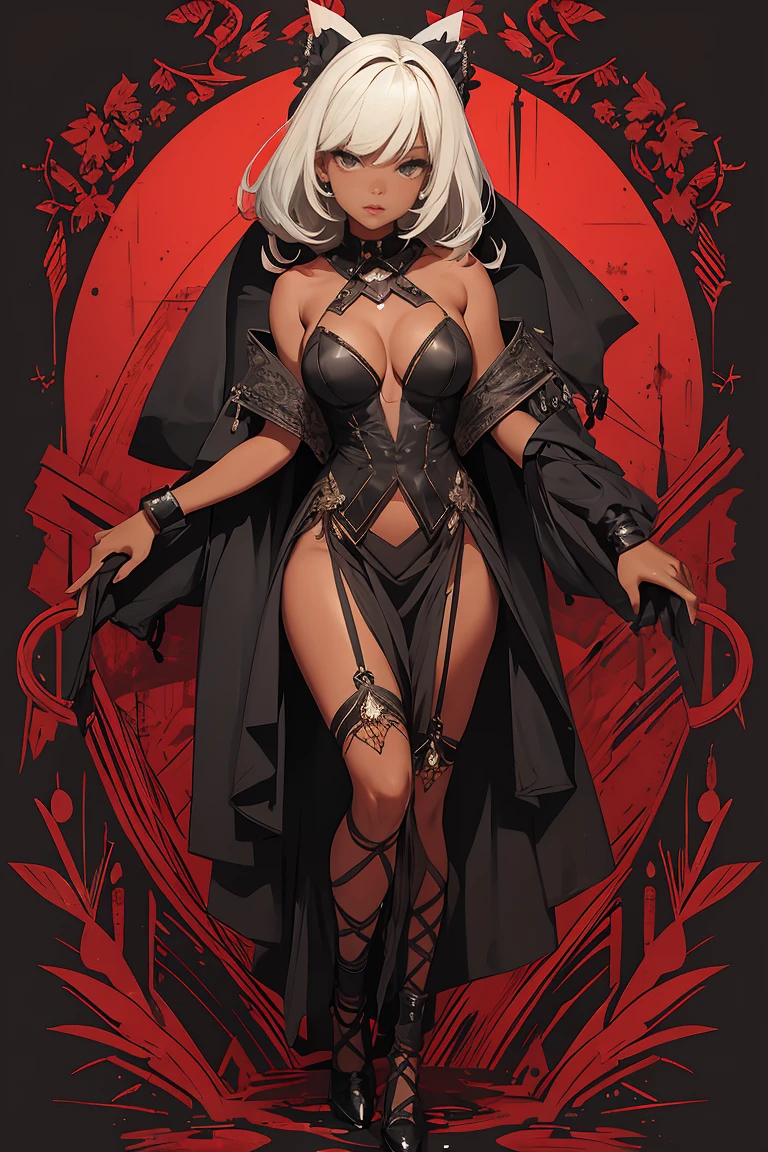 A girl, 1girl, dark skin, full body, vintage horror, 1940s, shapes, gothic, vintage, sexy, anime style, (clear background:1.0)