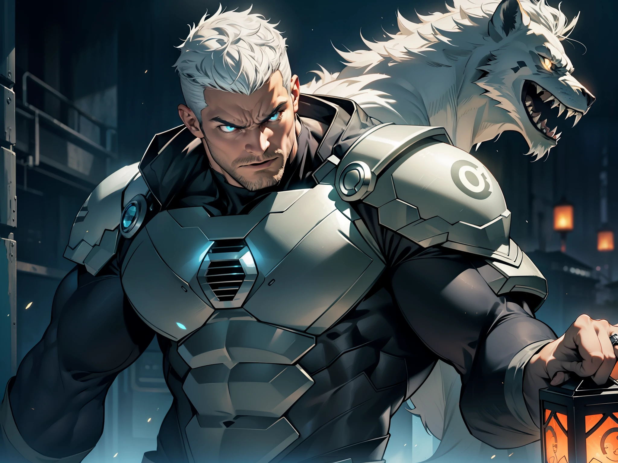 An award-winning original photo, angry roar, A wild muscular man, (30 years old man:1.3), 1boy, Solo, (wearing a (silver lantern) metal suit), (glowing silver ring on a finger), spikes, neon stripes, white hair, (big shoulder), muscular, hunk, stubbles, Short beard, (Detailed face:1.3), (beautiful eyes:1.2), really angry, Dynamic Angle, volumetric lighting, (Best quality, A high resolution, Photorealistic), Cinematic lighting, Masterpiece, RAW photo, Intricate details, hdr, depth of field, upper body shot, gas giant background