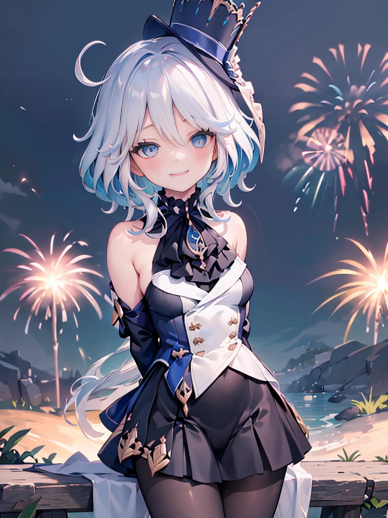 ((masterpiece,best quality)), highres, 1girl, guinaifen, bare shoulders, black pantyhose, blush, (arms behind back, leaning forward), smile, fireworks, night sky, shadow, looking at viewer,