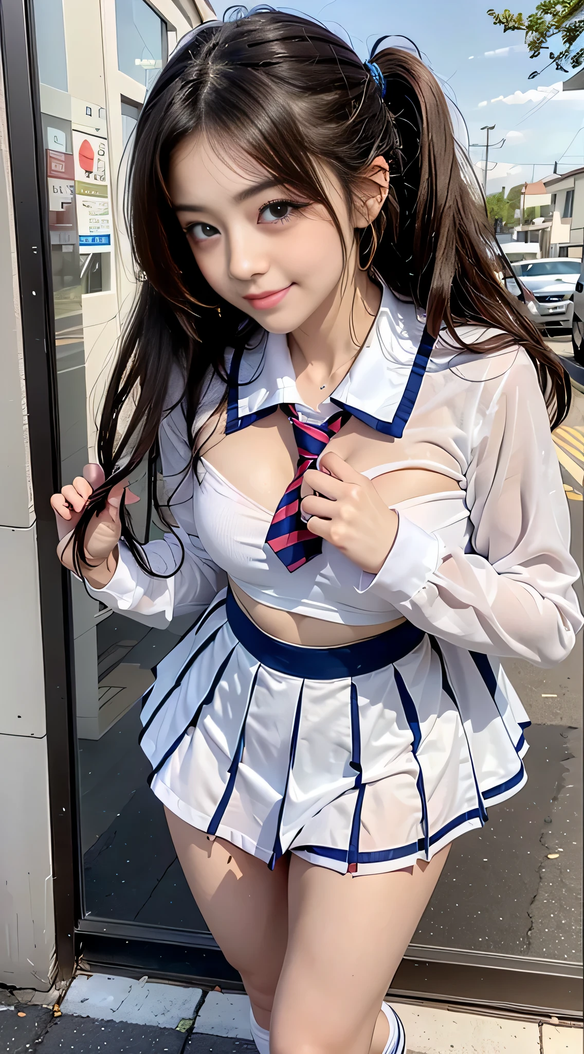 (8K、RAW Photos、top-quality、​masterpiece:1.2)、(realisitic、Photorealsitic)、1人、((White shirt with long sleeves、a sailor suit、red necktie、Below-the-knee length navy pleated skirt))、（High School Girl）、28 year old、Skirt Rolling Up、gals、Lots of lashes、Lame on the eyelids、Dark Red Knee-High Socks、Skeletally correct、crotch open、wavy twintails、Cute smile、Sweaty body、attractive body beautiful perfect body、V-line emphasis、Hands behind the head、Beautifully aligned fingertips、