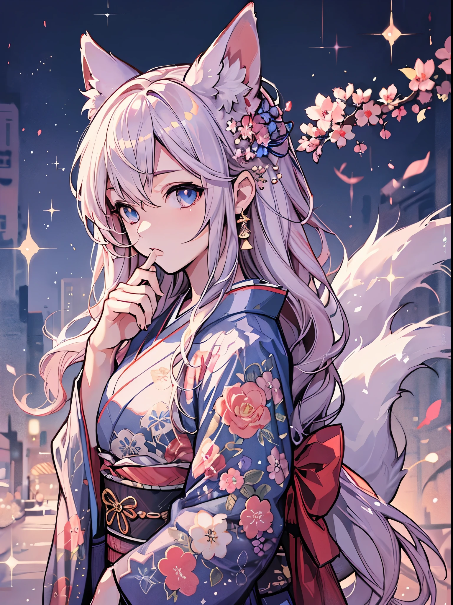 best qualtiy， 超A high resolution， （realisticlying：1.4）， white fox, the Nine-Tailed Fox, Beautiful fece, Woman in Kimono, red, golden colored, black, Sparkle,