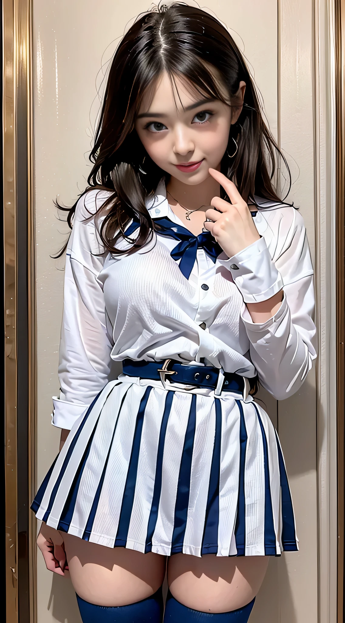 (8K、RAW Photos、top-quality、​masterpiece:1.2)、(realisitic、Photorealsitic)、女の子1人、from the corner of your eye１Tsu Mole、((White shirt with long sleeves、a sailor suit、red necktie、Below-the-knee length navy pleated skirt))、（High  Girl）、40 years、Skirt Rolling Up、gals、Lots of lashes、Lame on the eyelids、Dark Red Knee-High Socks、Skeletally correct、crotch open、wavy twintails、Cute smile、Sweaty body、attractive body beautiful perfect body、V-line emphasis、Hands behind the head、Beautifully aligned fingertips、