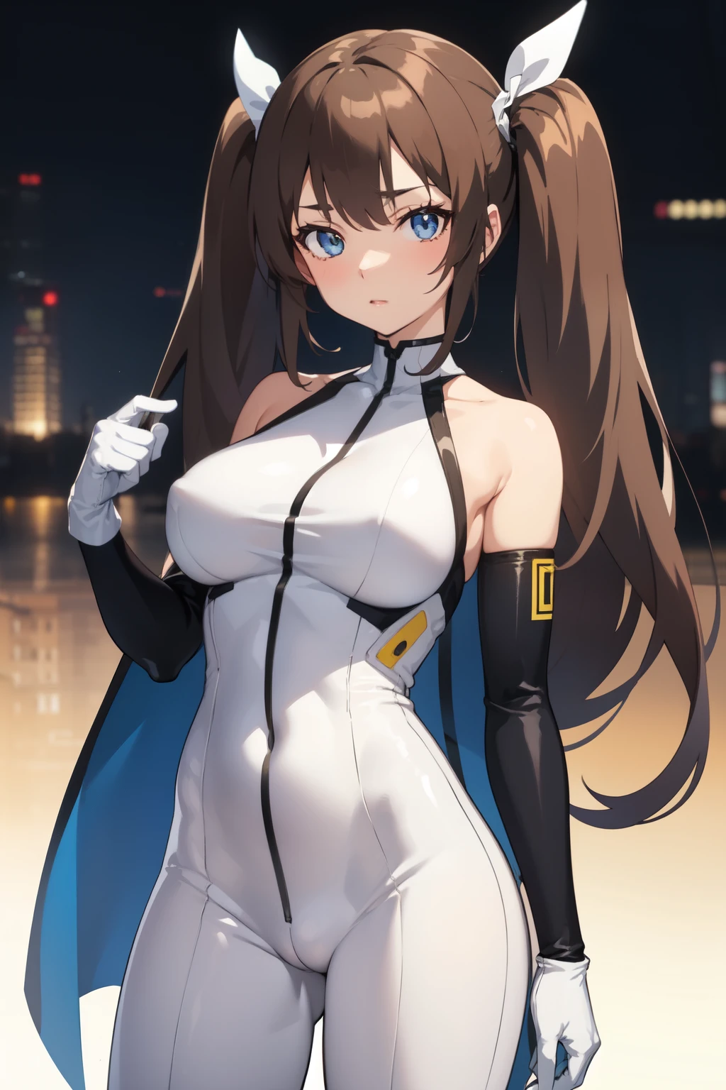 an anime girl wearing a sexy outfit Are standing, 1girl, solo, breasts, looking at viewer, twintails, standing, long hair, white bodysuit, white gloves, bangs, gloves, bodysuit, bare shoulders, large breasts, brown hair