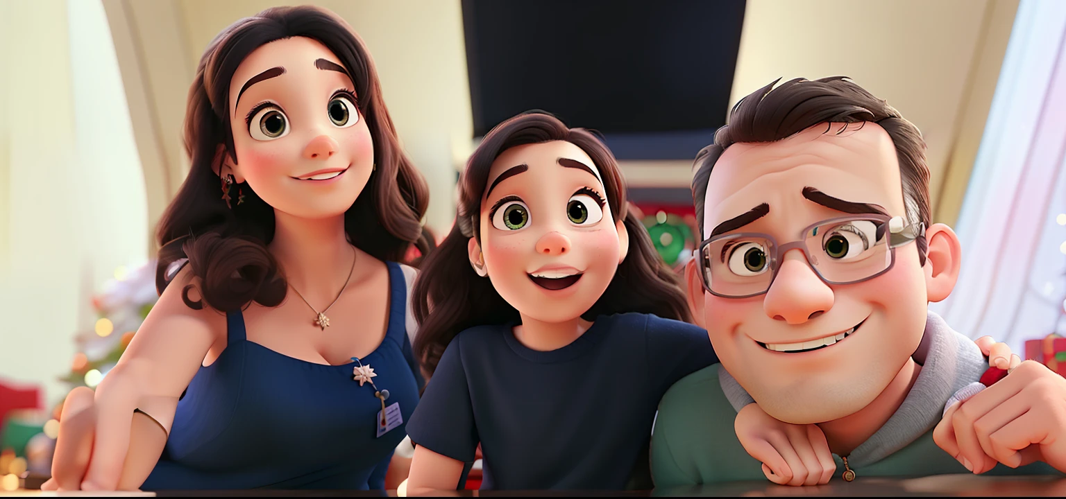 Um casal e filha, Disney Pixar style in the mall in front of the Christmas tree, alta qualidade