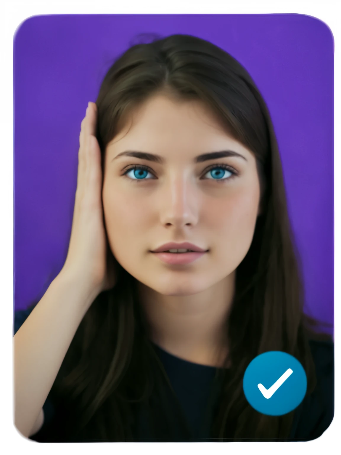 young woman HARD WAVY brown hair and blue t-shirt with hand against cheek