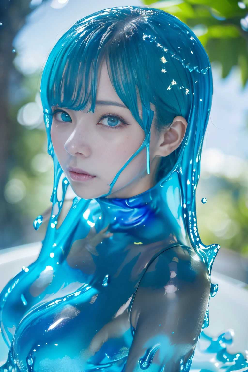 (hight resolution,masutepiece:1.2),Ultra-detailed,(Realistic:1.37),Portrait,Slime Girl,covered in blue slime, (partially transparent), (Wet with water), (blue sweat), Slimy blue liquid dripping from her body. Her hair is also covered in blue slime. blue slime scatters, Green hair, blue eyess