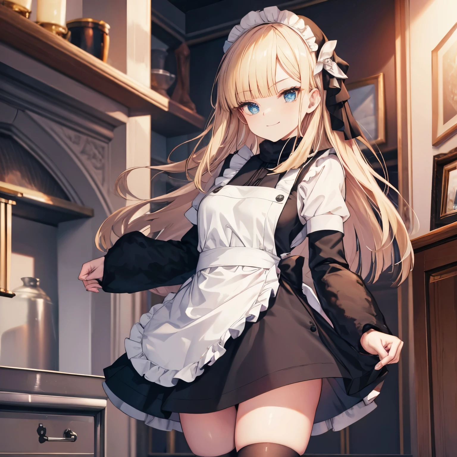 one-girl,ssmile,the maid outfit,aprons,Superskirt,blackstockings,Stockings