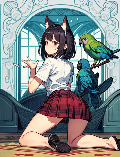 small girl,kneeling on the floor, short skirt, the perineum is visible, Cat's ears,  parrot, spreads his ass with his hands, Anus visible, seen from the back