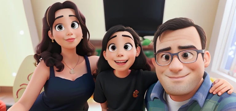 Um casal e filha, Disney Pixar style in the mall in front of the Christmas tree, alta qualidade
