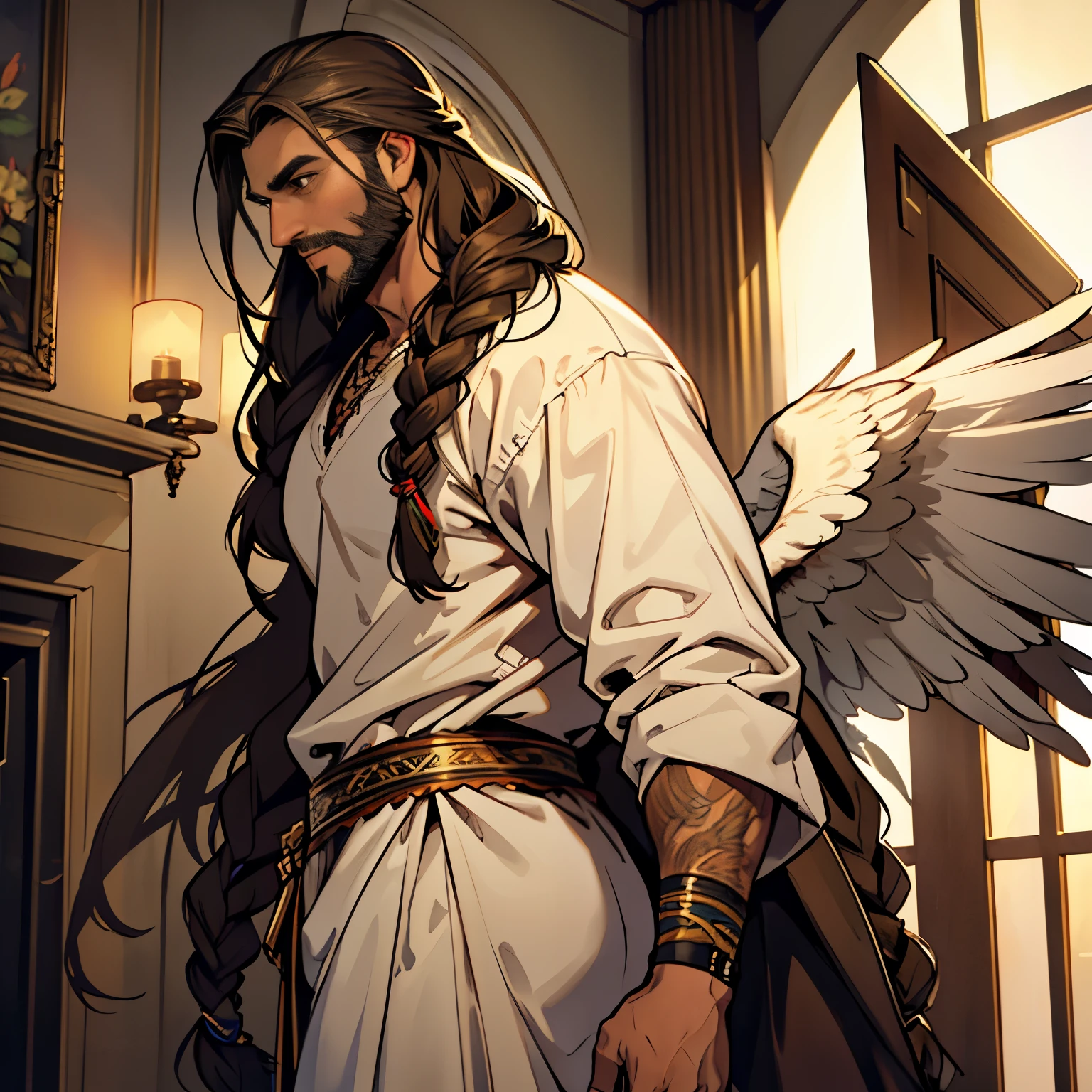 He is an Archangel. He has very long brown hair, that reach the middle of the back, decorated with several braids and decorated with feathers. It is very tall, with a beard and dark brown eyes. He is known as a gentle giant. He wears underwear.