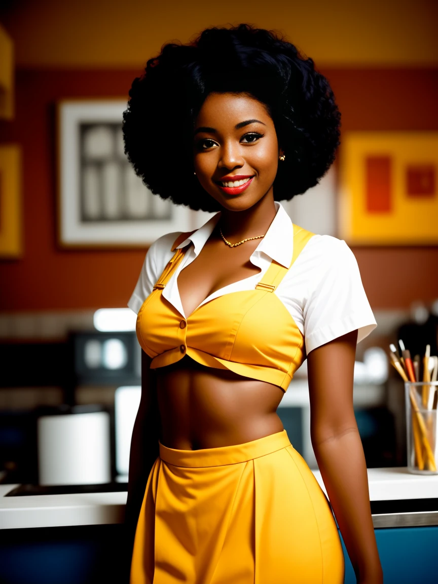 a waitress, pinup, dark skin, afro, art style, kodak portra 400, cinematic, (smiling:0.6), (closeup:0.8)