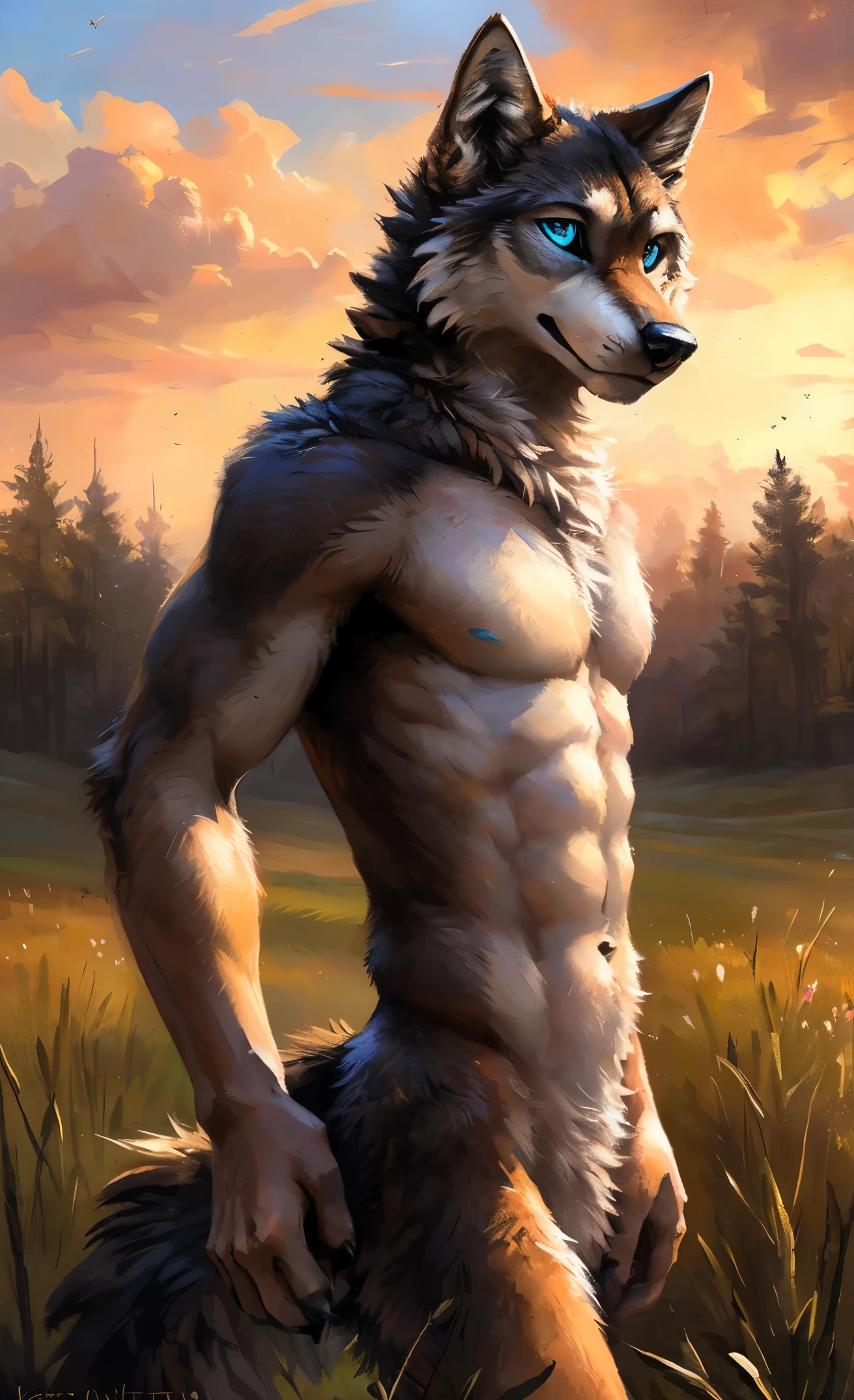 ((Solo)), male people, anthro wolf, (Multi-colored fur, White-brown:1.3,White tail pointed), (Height 2.1m,Tail length 1.5m), ((Wolf face, Big eyes, White eyelids, Blue pupil, Slim:1.2) (Tough, Calm expression:1.2)), Abs, Slim, pinging)), (Correct anatomy), all over the body,A long big tail,Feet,(Realistic fur, Detailed fur texture, labeled:1.3)), (Natural lighting), Photorealistic, Hyperrealistic, ultradetailed, by Kenket,Field,No artifacts