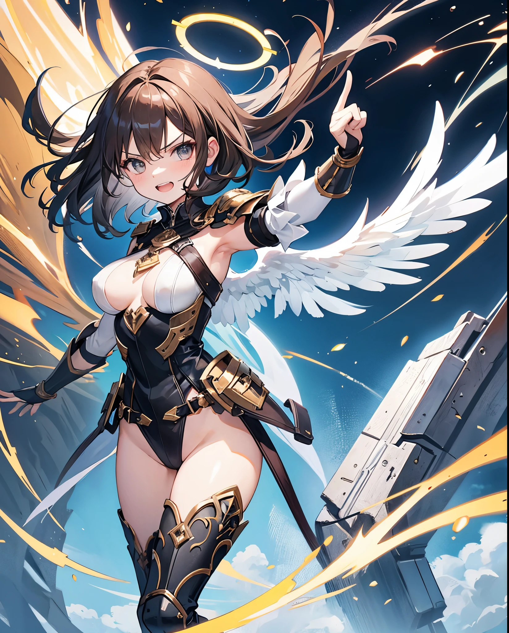 fantasy, 1angel_girl, loli,bwn_hair, medium_bob_hair, long_bangs, halo,bare_shoulder,thighhighs,silver_armor, waist_armor, large_breasts,angry,grinning,open_mouth_teeth, 1pair_wings, dynamic_pose_fighting,floating, bare_crotch, headgear,gauntlet, greaves,city_sky_background,slightly_spread_legs, solo, groin_naked,