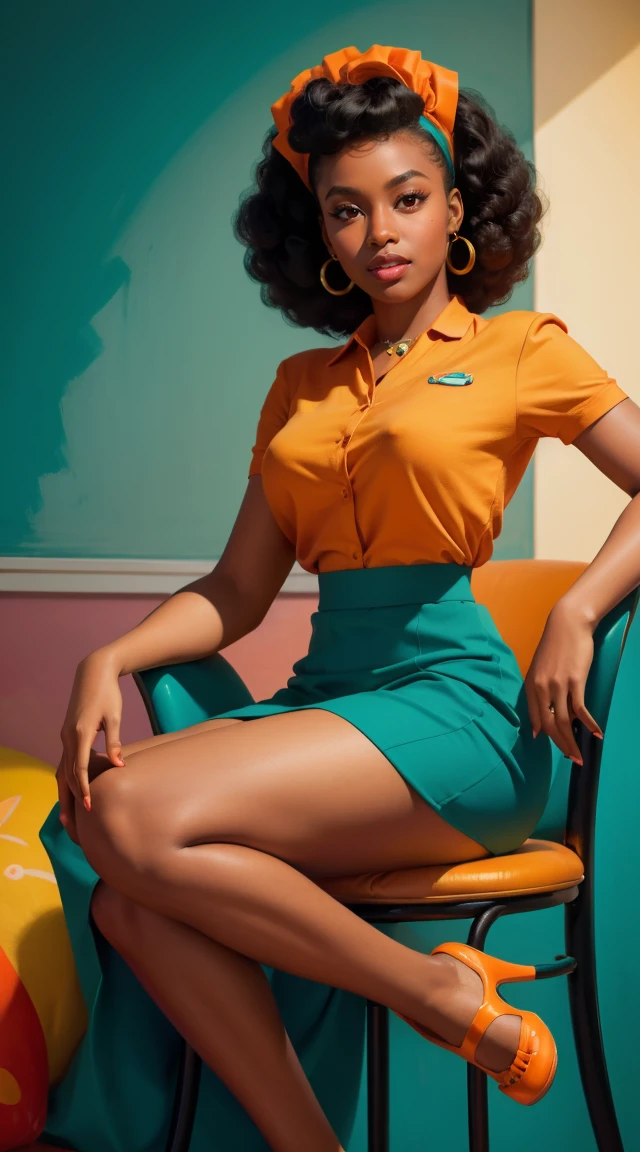 20 years old girl sitting on the chair, dark skin, afro hair, vintage, retro pin up style,sexy, , surprised, mini tight skirt, flowing skirt, colorful , orange and teal color scheme, masterpieces art work, illustrated,