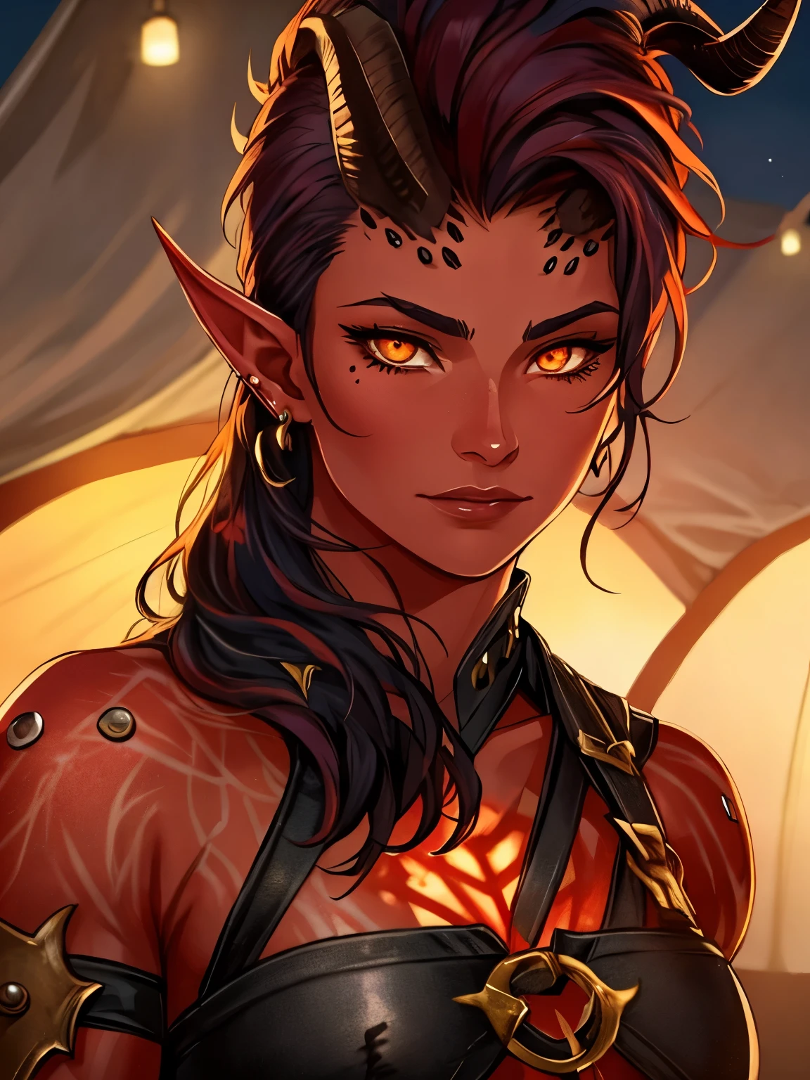 1female Tiefling with red skin, looks like Karlach from Baldursgate, orange eyes,piercings on face, great  skin texture, great eyes, muscle body, one brocken horn at head, wears black leather barbarian clothes, great details, ultra quality, wallpaper, dynamic light, dynamic pose, wears pants, great face, great skin texture, masterpiece, trending on artstation, detailes clothes, calm picture, romantic, great details, inside of a tent as background, great face, good wallpaper, lovely and romantic setting, great detailed textures, soft face expression, close up, great horns, lovely, great face and eyes textures, bedrolls, lantern, comfy background, at night, romantic light, high eye quality