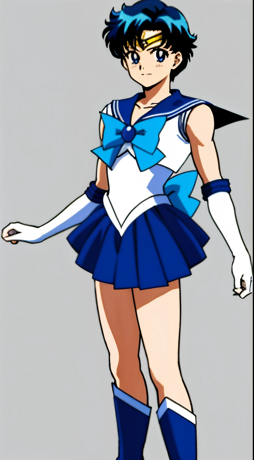 Top Quality Anime Art、masterpiece、high definition anime art、アニメstyles4K、Sailor Senshi Uniform、Anime Boy、Handsome boy、Junior high school boys、Ami Mizuno、gender change、Sailor Mercury、gender change(Girls to boys)、rating:safe、solo、Blue sailor collar、Sky blue bow tie、Magical Boy、Blue choker、Very short blue-haired boy、jewelry、skirt、耳环、white glove、elbowgloves、bow、Masculinization、Blue knee boots、Blue Heeled Boots、a blue skirt、circlet、Blue-eyed boy、back_bow、muscular and strong、White leotard、highleg leotard、robe blanche、Boy with very short black hair、blue_bow、sky blue_bow、white_bow、Strong muscles、Boy standing、smile、Rogue Anime Boy、a miniskirt、pleatedskirt、Muscular men、photo、Bare shoulders、bare legs、レトロなAnime Boy、an retro anime image、cel shaded anime、Hymns to the King as a Prince、full-body close-up shot、Anime、Soft lighting、(1990's(styles):0.9)、