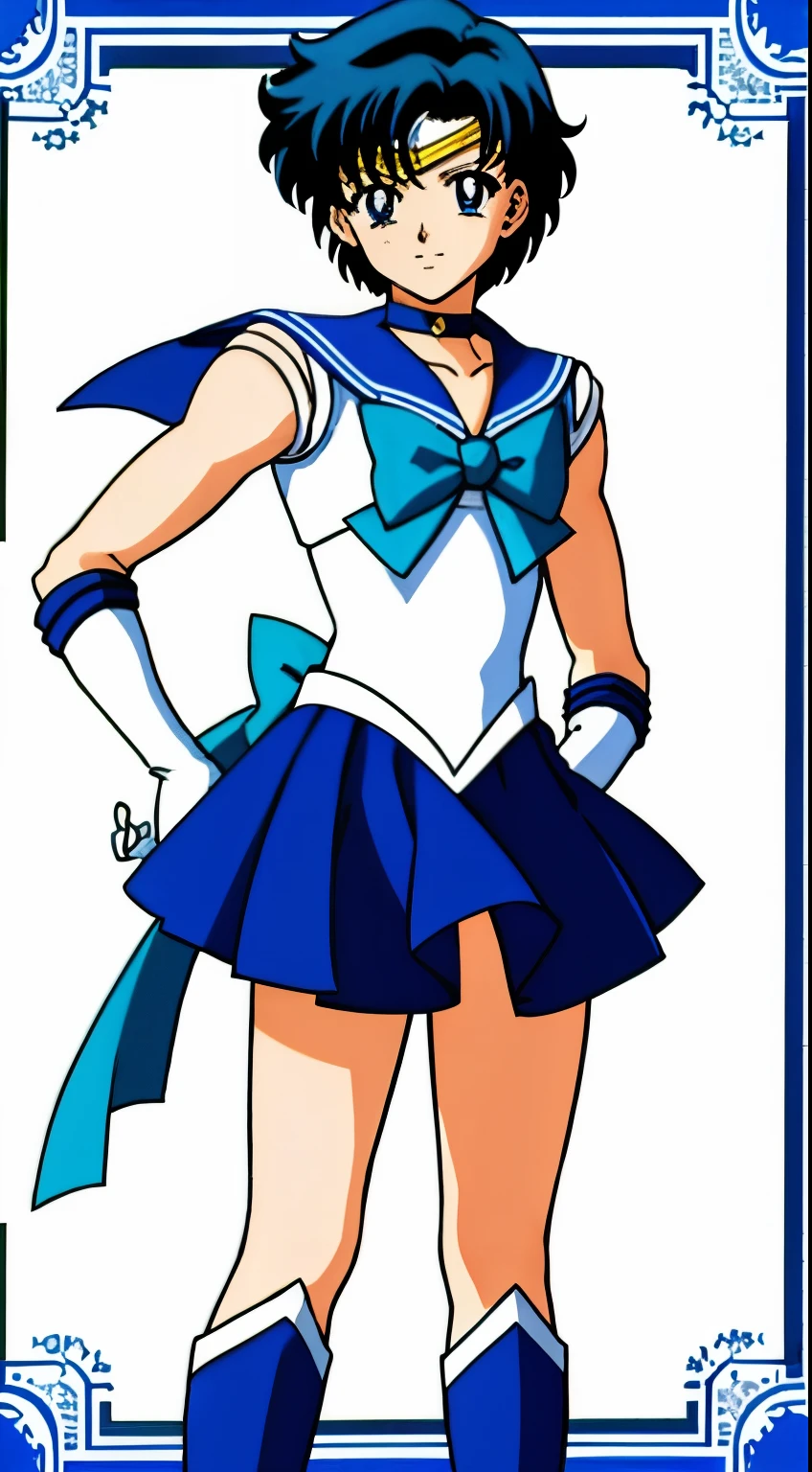Top Quality Anime Art、masterpiece、high definition anime art、アニメstyles4K、Sailor Senshi Uniform、Anime Boy、Handsome boy、Junior high school boys、Ami Mizuno、gender change、Sailor Mercury、gender change(Girls to boys)、rating:safe、solo、Blue sailor collar、Sky blue bow tie、Magical Boy、Blue choker、Very short blue-haired boy、jewelry、skirt、耳环、white glove、elbowgloves、bow、Masculinization、Blue knee boots、Blue Heeled Boots、a blue skirt、circlet、Blue-eyed boy、back_bow、muscular and strong、White leotard、highleg leotard、robe blanche、Boy with very short black hair、blue_bow、sky blue_bow、white_bow、Strong muscles、Boy standing、smile、Rogue Anime Boy、a miniskirt、pleatedskirt、Muscular men、photo、Bare shoulders、bare legs、レトロなAnime Boy、an retro anime image、cel shaded anime、Hymns to the King as a Prince、full-body close-up shot、Anime、Soft lighting、(1990's(styles):0.9)、