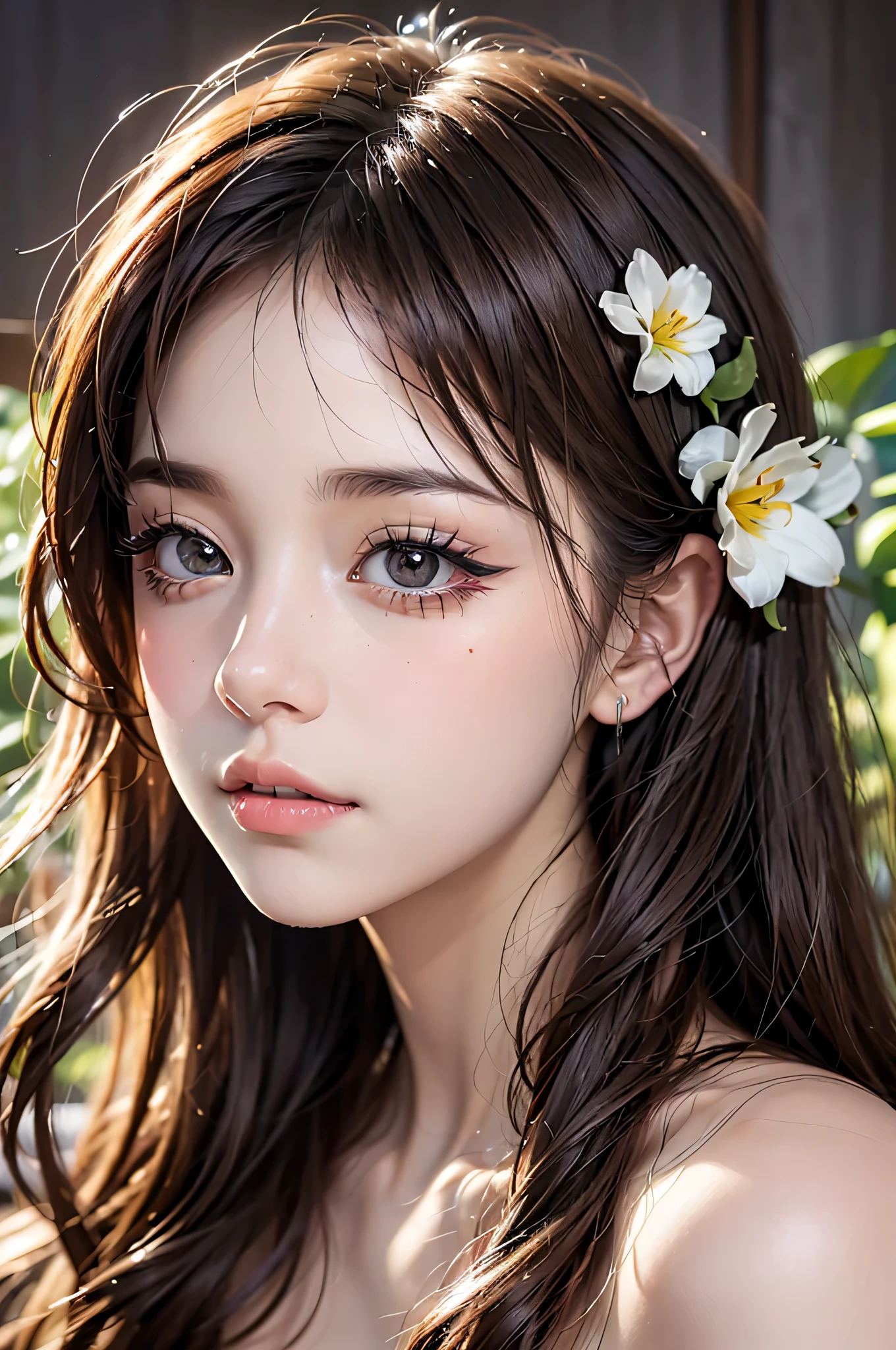 (indoor girl), Oil Painting, Beautiful detailed eyes, Beautiful detailed lips, extra detailed face, long eyelashes, Vibrant colors, Soft lighting, blooming flowers, gentle wind, tranquil atmosphere, High resolution, lifelike rendering, Delicate brush strokes