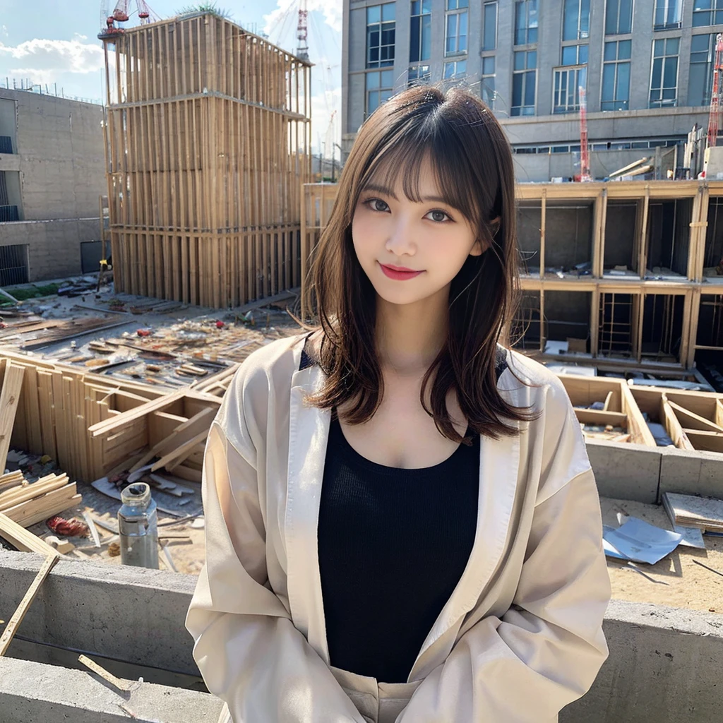 Building construction siteのグレーのHomework,In the job,masutepiece, Best Quality, Illustration, Ultra-detailed, finely detail, hight resolution, 8K Wallpaper, Perfect dynamic composition, Beautiful detailed eyes, Homework,Connect,Shorthair, Beautiful breasts same, Natural Color Lip, Random and sexy poses,Smile,Building construction site、Looking at the camera、20 years girl、Building construction site、construction manager
