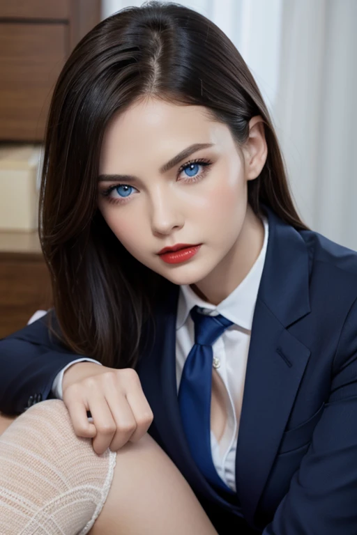 Detailed female face looking at camera, Blue eyes, Hot thick red lips, Mouths parted with sensuality, Fix a deformed finger, Photorealistic, sharp eye、wearing a business suit、knee high socks,perfect fingers、shorth hair