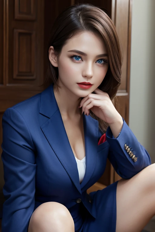 Detailed female face looking at camera, Blue eyes, Hot thick red lips, Mouths parted with sensuality, Fix a deformed finger, Photorealistic, sharp eye、wearing a business suit、knee high socks,perfect fingers、shorth hair