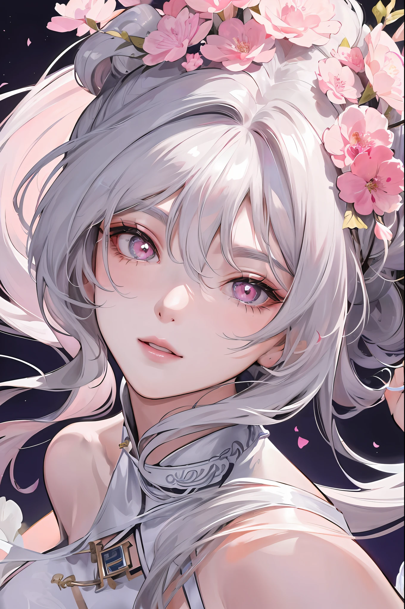 8K Masterpiece Superb Night Full Moon 1 Female Chinese Style Chinese Architecture Mature Woman Sister Silver White Long Hair Woman Long Hair Light Pink Lips Calm Rational Bangs Gray Pupils Pink Flowers on Head, Flower Background, Petals Dancing, Delicate Face, Close Up