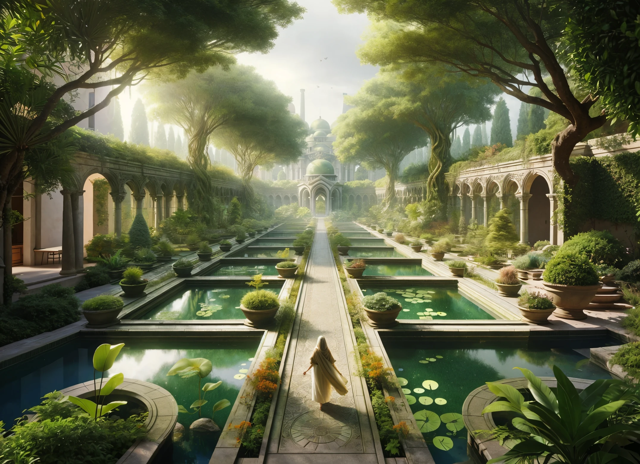 a serene and lush garden with a symmetrical design, leading towards a grand domed structure reminiscent of classical african architecture. The garden features a central walkway that runs straight down the middle, flanked by a series of rectangular reflecting pools filled with clear water and colorful lily pads. This walkway is bordered by manicured shrubs, plants, and neatly trimmed hedges. Tall, elegant trees and arching branches canopy over the space, casting dappled light on the scene. The architecture includes rounded arches on either side of the walkway.