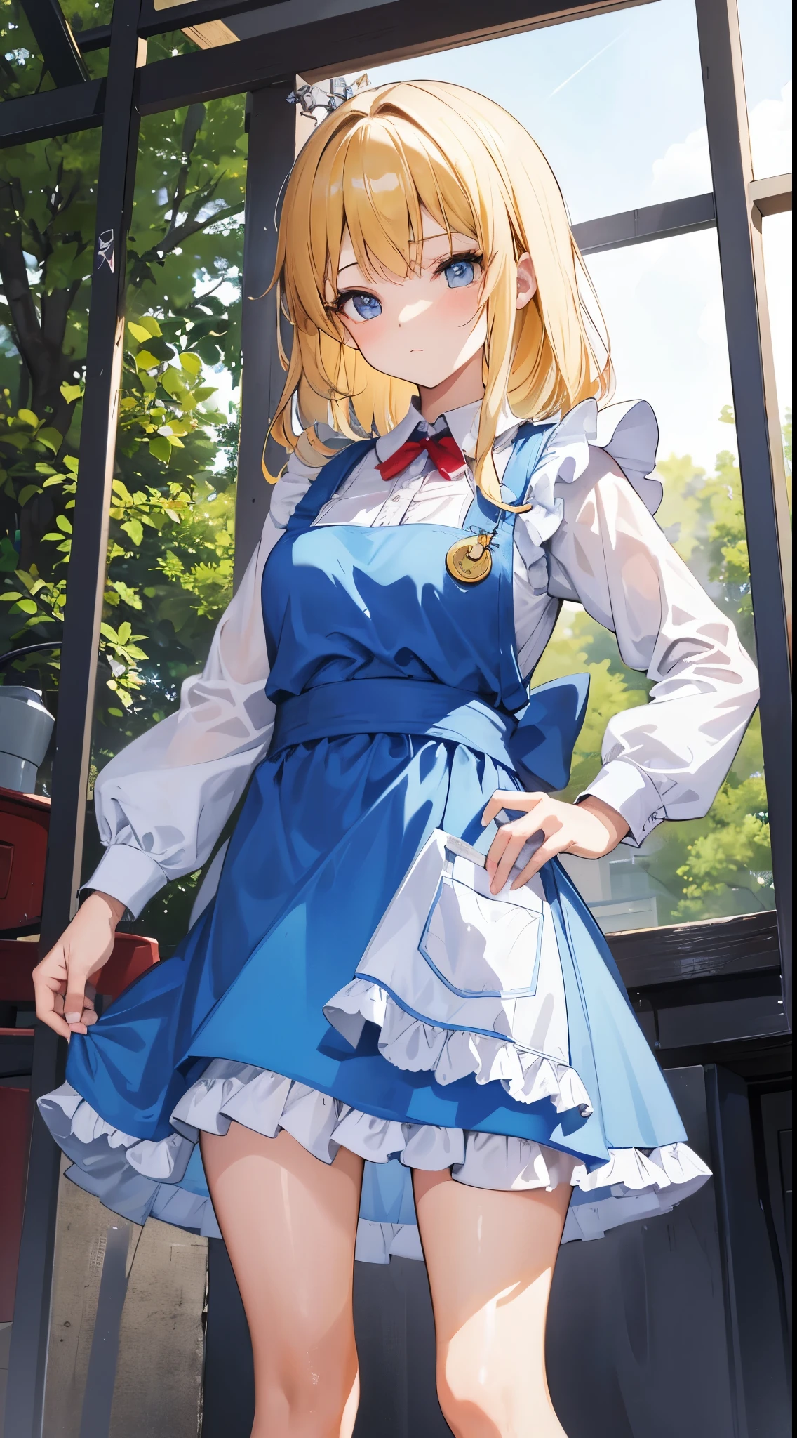 anime styled, High definition illustration, Perfect drawing, Draw anatomically correctly, alice in the wonderland, In the forest where the bright sun shines, Beautiful blonde girl urinating while standing, ((seminude:1.5)), A short, light blue dress with a simple design and frills., Layering a white apron,She holds the hem of her dress and apron together in her hands and rolls them up., He looks at me with a mixture of shyness and openness.,The girl&#39;s apron and skirt are rolled up, so you can see the urine coming out of her genitals., Red headband