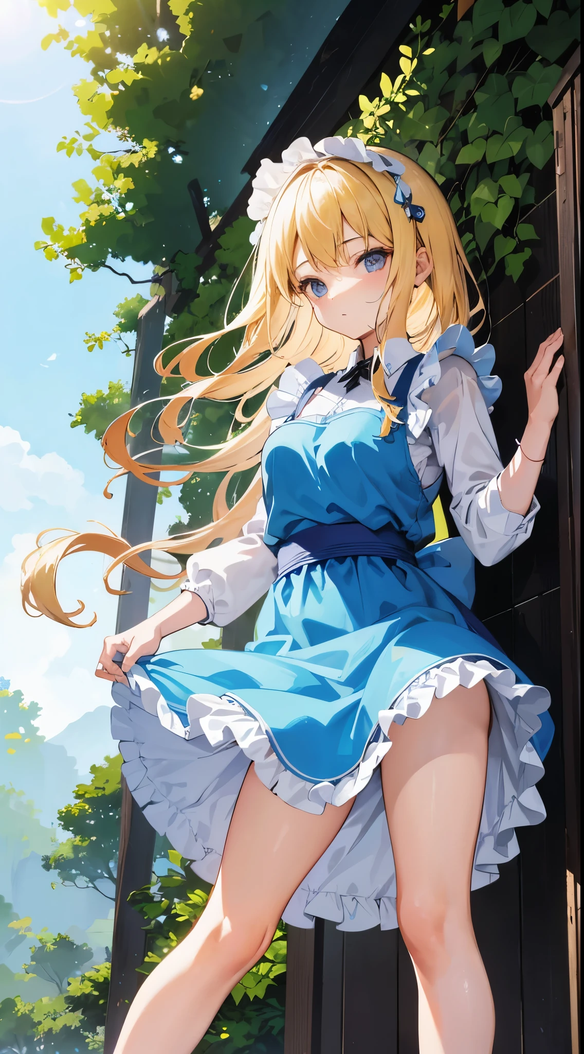 anime styled, High definition illustration, Perfect drawing, Draw anatomically correctly, alice in the wonderland, In the forest where the bright sun shines, Beautiful blonde girl urinating while standing, ((seminude:1.5)), A short, light blue dress with a simple design and frills., Layering a white apron,She holds the hem of her dress and apron together in her hands and rolls them up., He looks at me with a mixture of shyness and openness.,The girl's apron and skirt are rolled up, so you can see the urine coming out of her genitals., Red headband