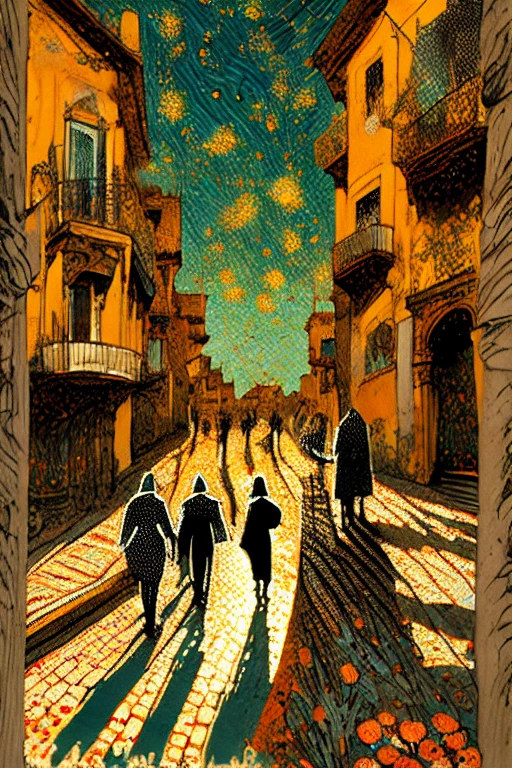 Affiche de style vectoriel Van Gogh (quartier Príncipe Real dans la ville de Lisbonne) en terrasse le soir sur la place de la ville à Lisbonne le soir de Noël avec les décorations de Noël ; peinture naturalisme impressionniste pointillisme couleurs vives avec du contraste, Proche de la perfection, dynamique, Clair de lune, très détaillé, tableau de Vincent Van Gogh, Edmund Dulac et Christian Schloe dans le style de Klimt, peinture à l'aquarelle Vincent Van Gogh, illustration, illustrations de Van Gogh, Lisbonne, quartier Príncipe Real dans la ville de Lisbonne, selfie impressionniste pointillisme vue avec décorations lumineuses de Noël avec le style de Van Gogh. meilleur qualité, couleurs éclatantes, Architecture détaillée, Rues animées, Ambiance exotique, (Lisbonne) Esthétique rétro, Ambiance vintage, Motifs traditionnels de Lisbonne, marchés animés, Textiles colorés, décorations ornées, complexe de carrelage, Graffitis vibrants, ruelles animées, Vie nocturne animée, des fautes énergétiques, cuisine exotique, Musique et danse traditionnelles, Des festivals animés, couchers de soleil à couper le soufflevde Van Gogh, Repères architecturaux, palmiers majestueux, des expositions florales vibrantes, Art de rue dynamique, rues pavées étroites, riads de charme, Cours cachés, belles fontaines, art de la mosaïque vibrante, des marchés textiles dynamiques, ombres et reflets atmosphériques, Des néons éblouissants, reflets sur routes mouillées. Naturalisme, pointillisme impressionisme peint par Van Gogh avec contraste et couleurs vives en terrasse le soir sur la place de la ville à Lisbonne le soir de Noël