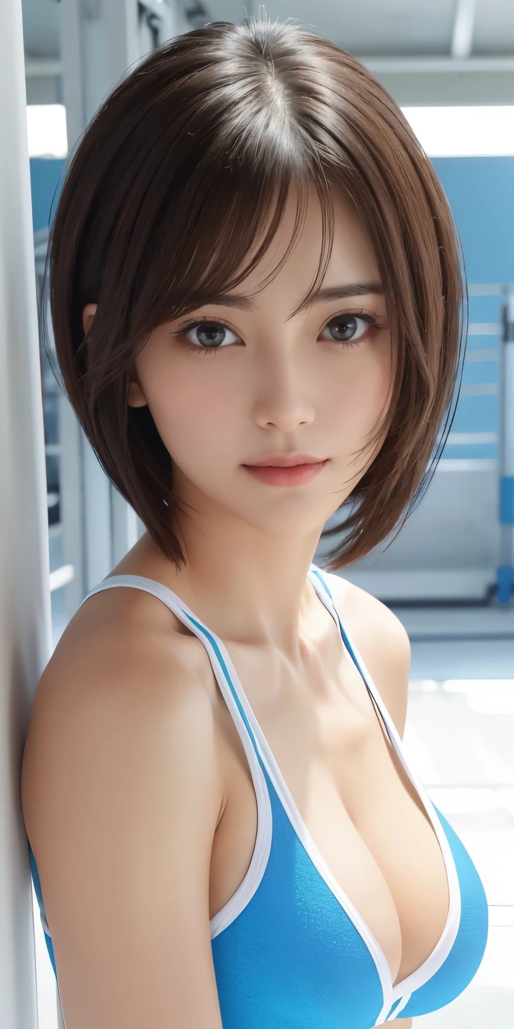 Photorealsitic、masuter piece、top-quality、hight resolution、Raw photo、realisitic、Bright lighting、face lights、Smooth professional lighting、Women in Japan、Beautuful Women、modeled、gravure、A sexy、Super beautiful、realisiticで美しい肌、Beautiful and detailed eyes、A detailed face、slim、medium large breasts、short-hair、brunette color hair、eyes are brown、is looking at the camera、trainingwear、training gym、Muscle training、