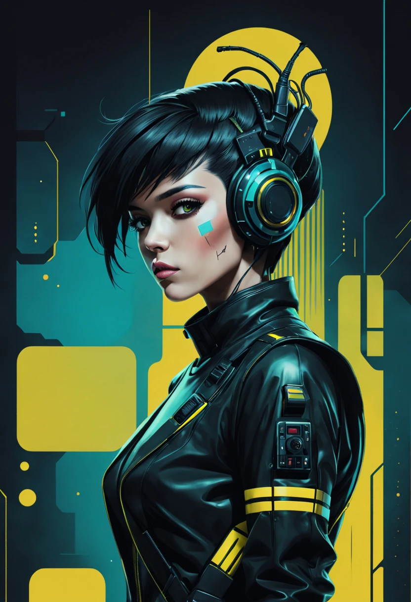 illustratio, (1 lady:1), ( Background with:black and yellow Background with1.4), (对称:1.2), (artistic décor:1.4), (Retro-Future:1.4), (Minimalist:1.4), (Clean:1.4), (Flat_colours:1.4), (cyber punk perssonage,Android:1.4), CCDDA art style