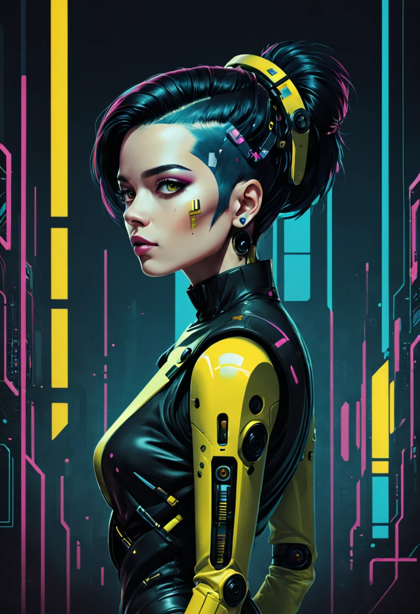 illustratio, (1 lady:1), ( Background with:black and yellow Background with1.4), (对称:1.2), (artistic décor:1.4), (Retro-Future:1.4), (Minimalist:1.4), (Clean:1.4), (Flat_colours:1.4), (cyber punk perssonage,Android:1.4), CCDDA art style