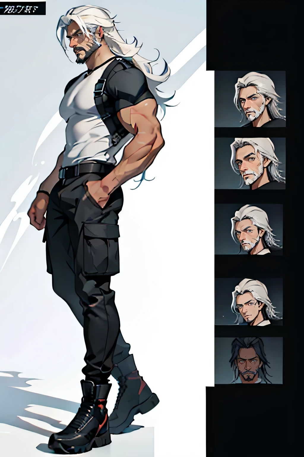 dark skin man, male, black eyes, white hair, long hair, anime style, 4k image, full body, holographic background, Character sheet, Handsome male. Perfect face, 6 ft 5 tall middle aged man. White hair. Long hair. Grey eyes. Beard. Earrings. Toned body. Muscular male, character design sheet，full bodyesbian, Full of details, body front view, body back view,  Full body, muscle body, T-shirt, combat boots, cargo pants. ((Masterpiece, Highest quality)), Detailed face, character design sheet full bodyesbian, Full of details, frontal body view, back body view, Highly detailed, Depth