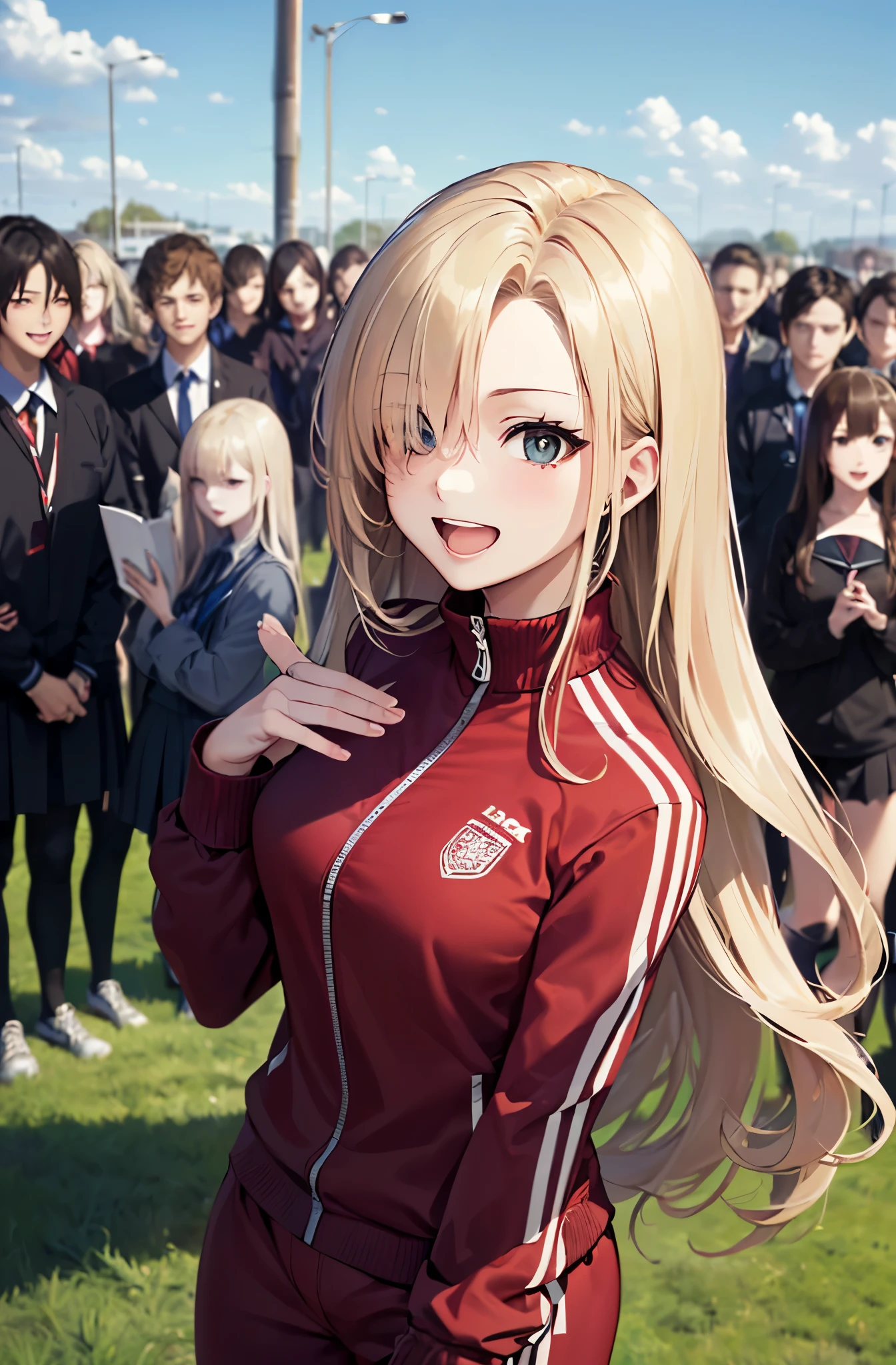 (masutepiece:1.5)、(top-quality:1.5)、(16k wallpaper:1.2)、(Photorealsitic:1.2)、(ultra-detailliert:1.2)、(超A high resolution:1.2)、(Highly detailed and realistic tanned skin:1.2)、(On the school grass playground)、Beautiful sunshine、blue-sky、(Slouched)、(surrounded by many male students:1.5)、(Slender woman with body shape:1.2)、(Beautiful 18 year old woman:1.2)、Beautiful eyeliner、eyeshadows、Natural Color Lip、(long blonde wavy hair covering one eye:1.2)、(dark red high neck tracksuit:1.5)、Smile with open mouth、the chest is medium、(large group of male students:1.3)、image seen from above、