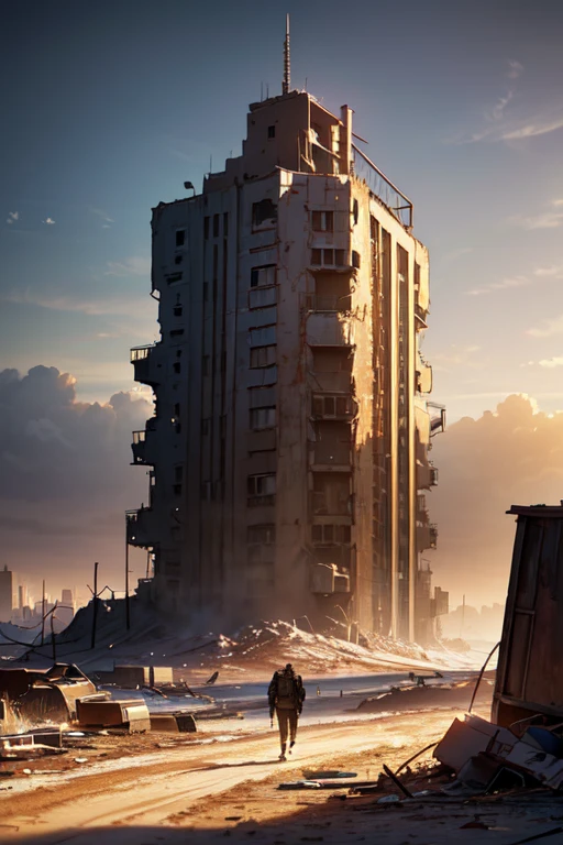 a Christmas gift, Post apocalyptic scenario, Desolate atmosphere, Dystopian landscape, wasteland, intricate, (best quality, masterpiece, Representative work, official art, Professional, unity 8k wallpaper:1.3)